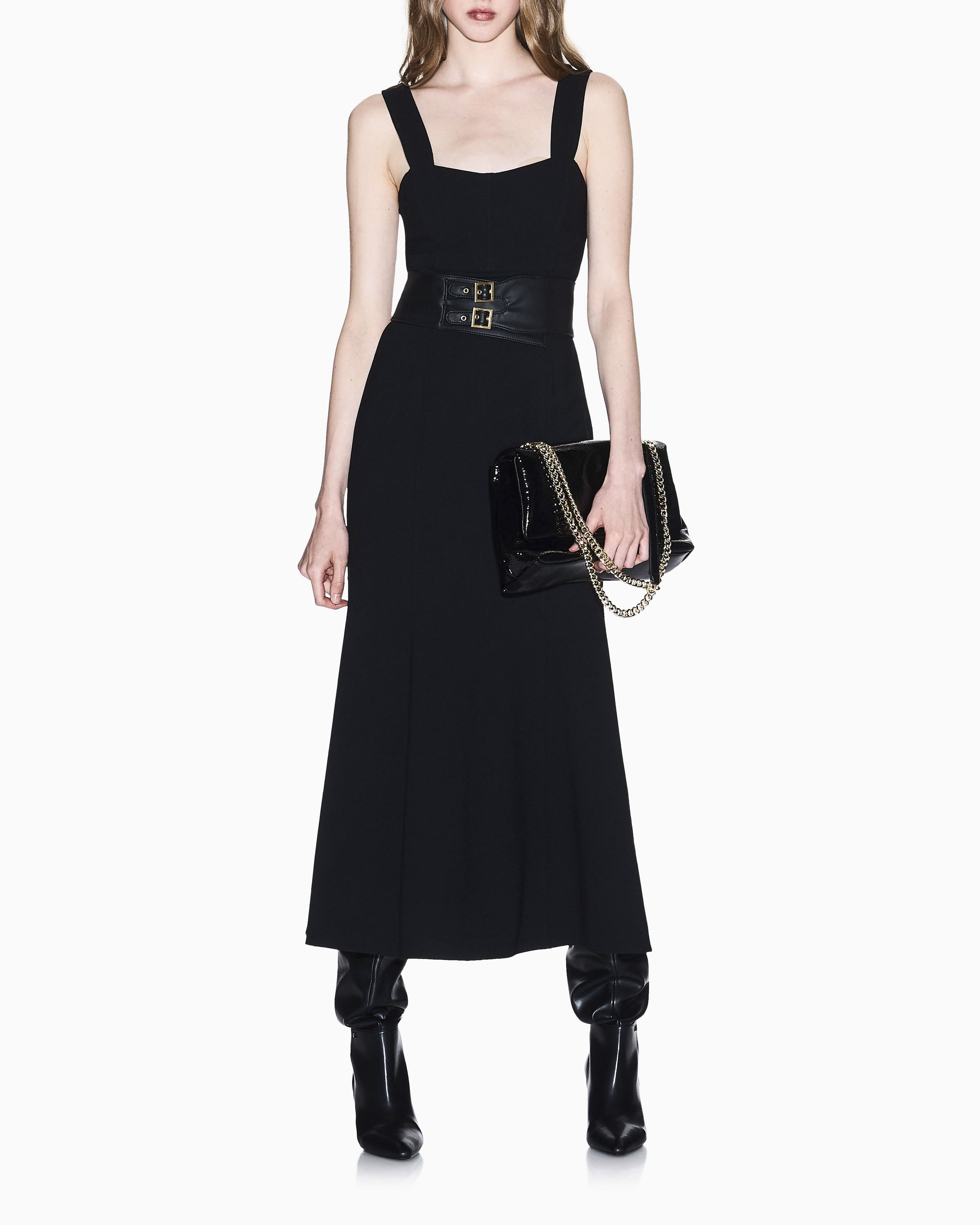 Abito Armani Exchange nero con cintura in similpelle e dettaglio elegante