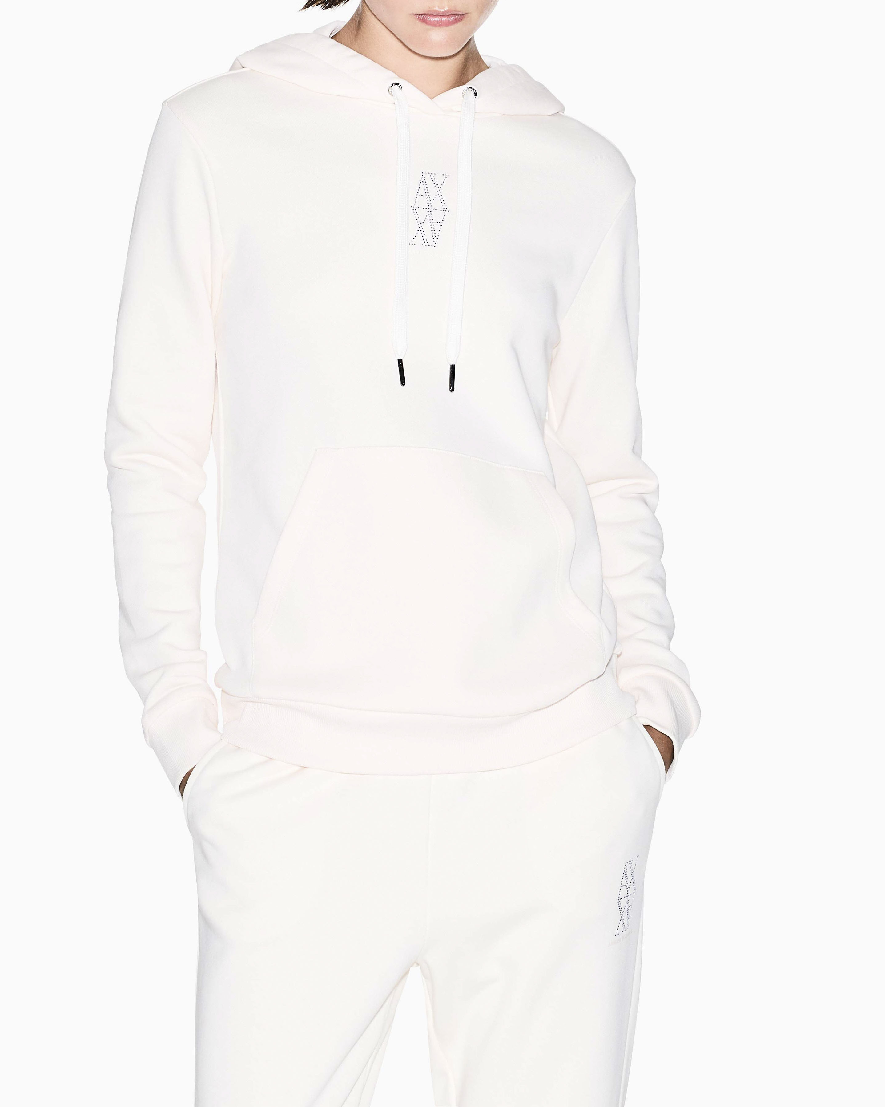 Felpa Armani Exchange bianca in cotone con logo applicato e cappuccio regolabile