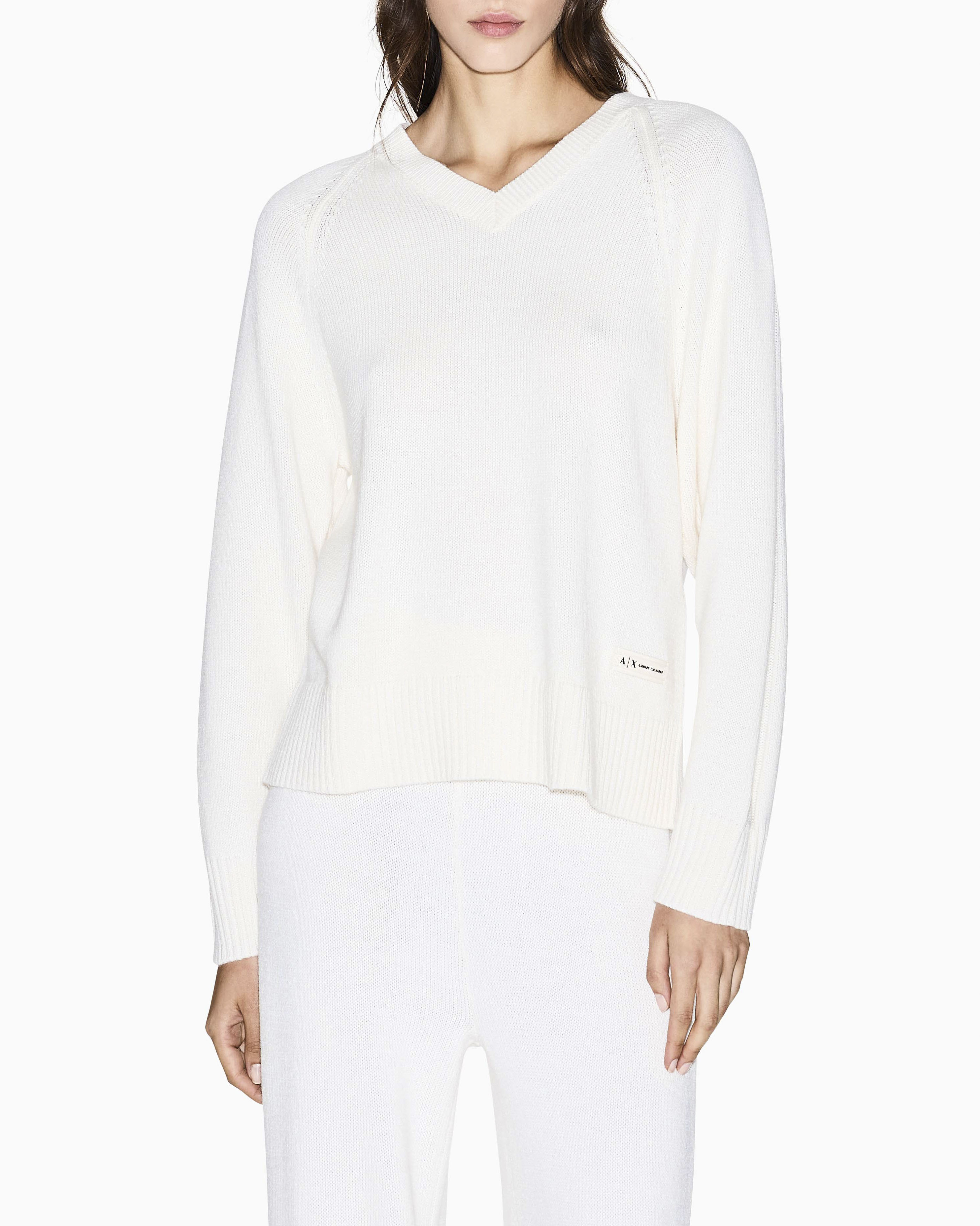 Maglione Armani Exchange bianco in misto lana con scollo a V