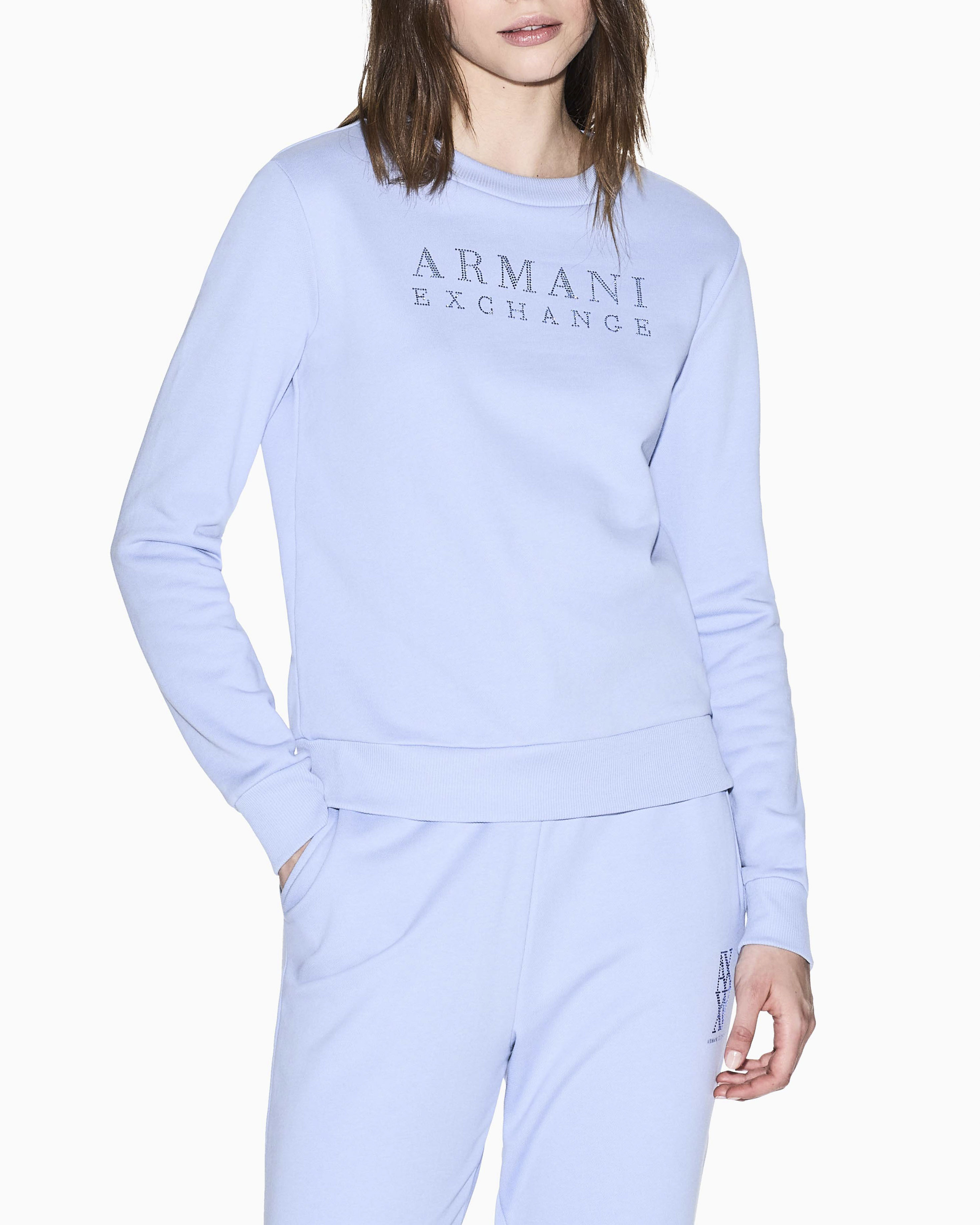 Felpa Armani Exchange azzurra in cotone con dettagli in maglia elasticizzata