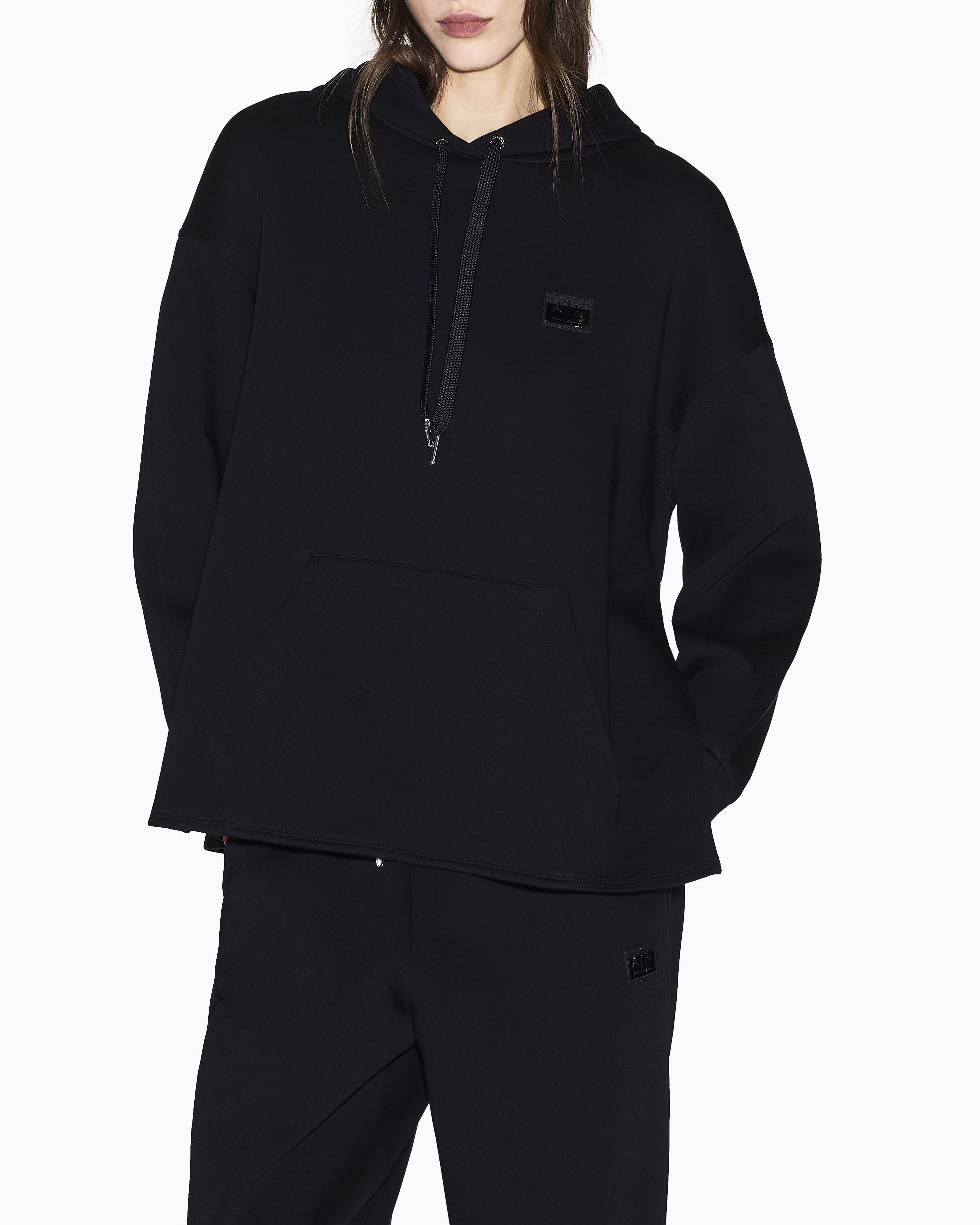 Felpa con cappuccio Armani Exchange nera in misto cotone con logo in rilievo