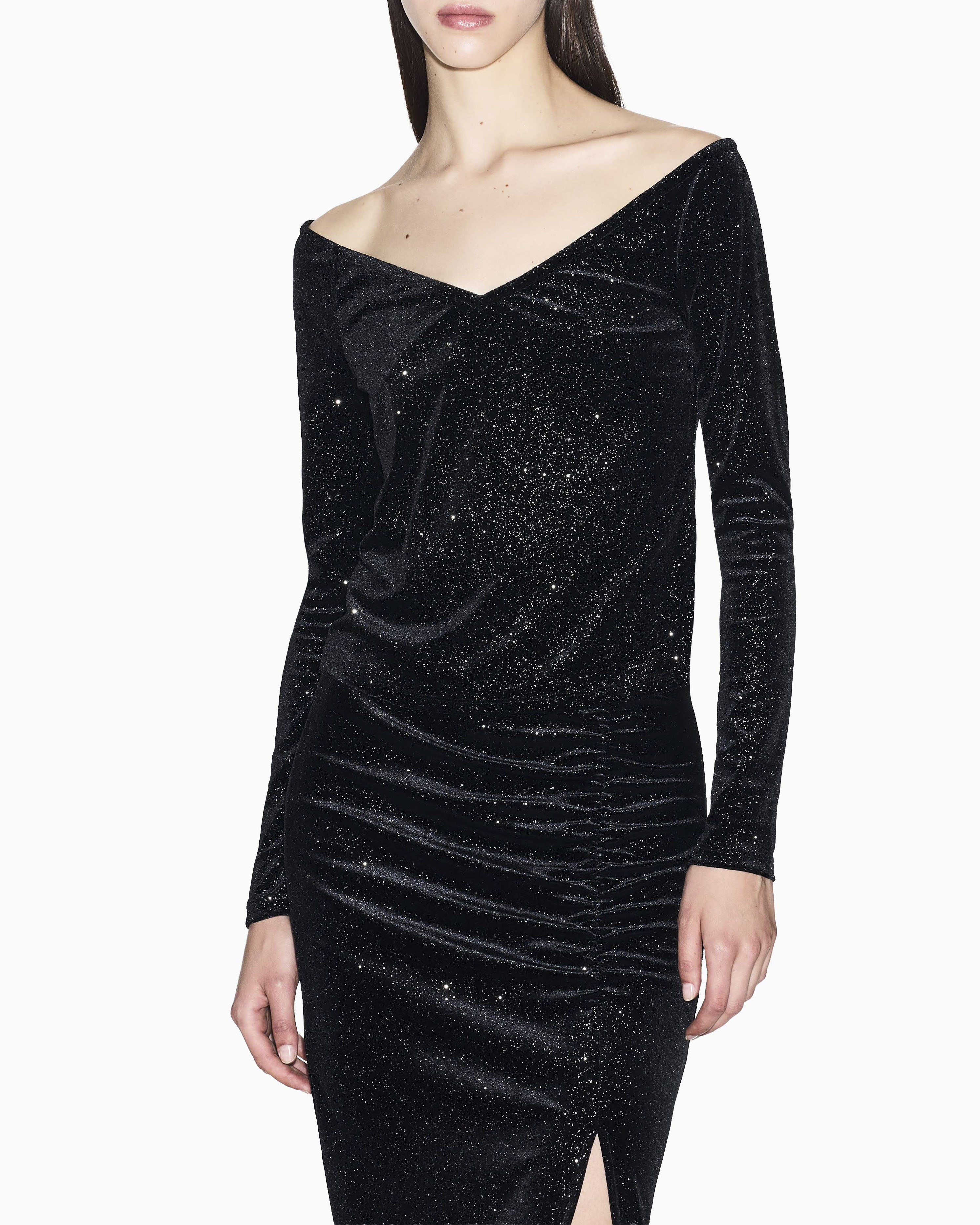 Top Armani Exchange nero in tessuto elasticizzato effetto velluto con dettagli glitterati