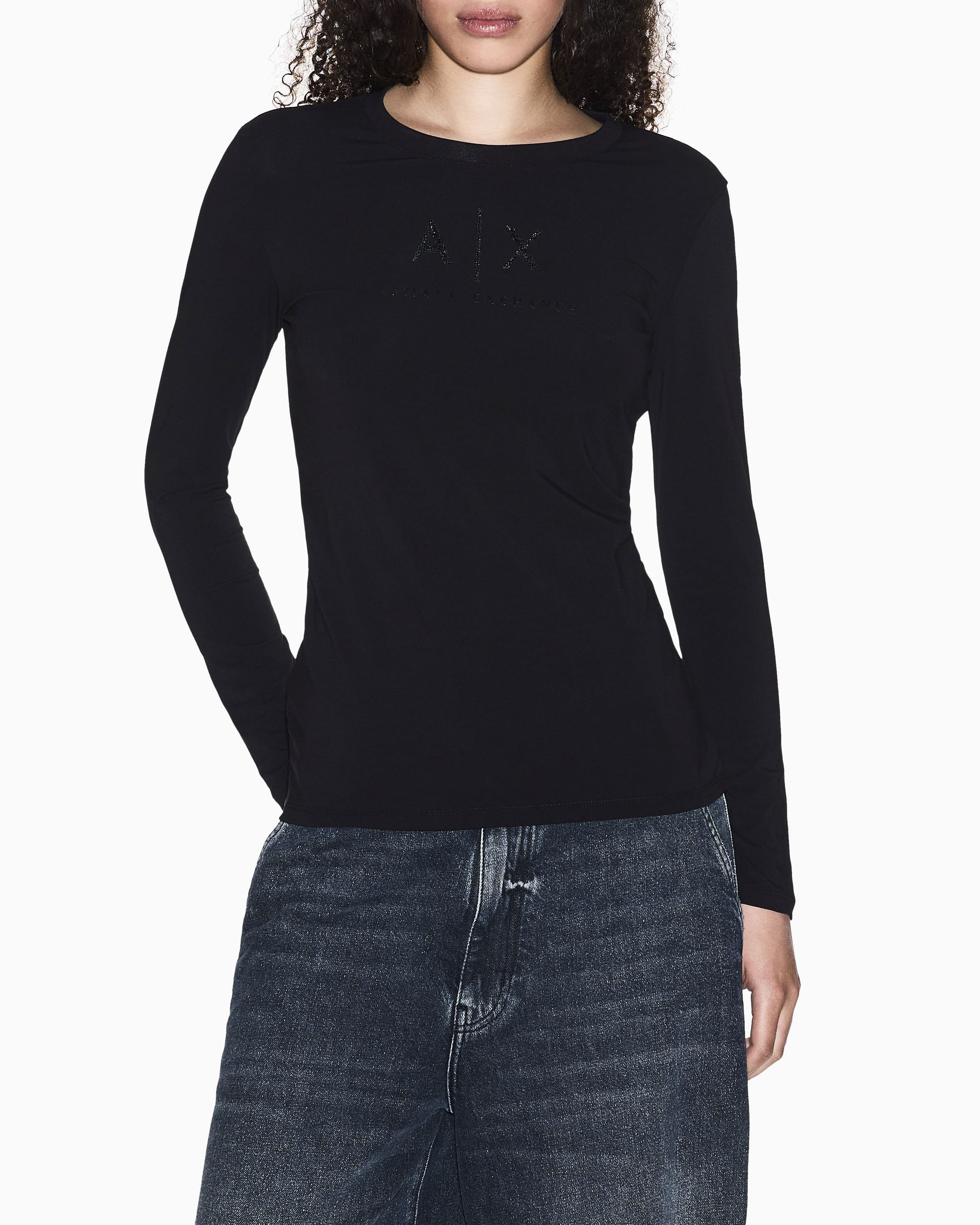 T-shirt a manica lunga Exchange nera in jersey di cotone elasticizzato