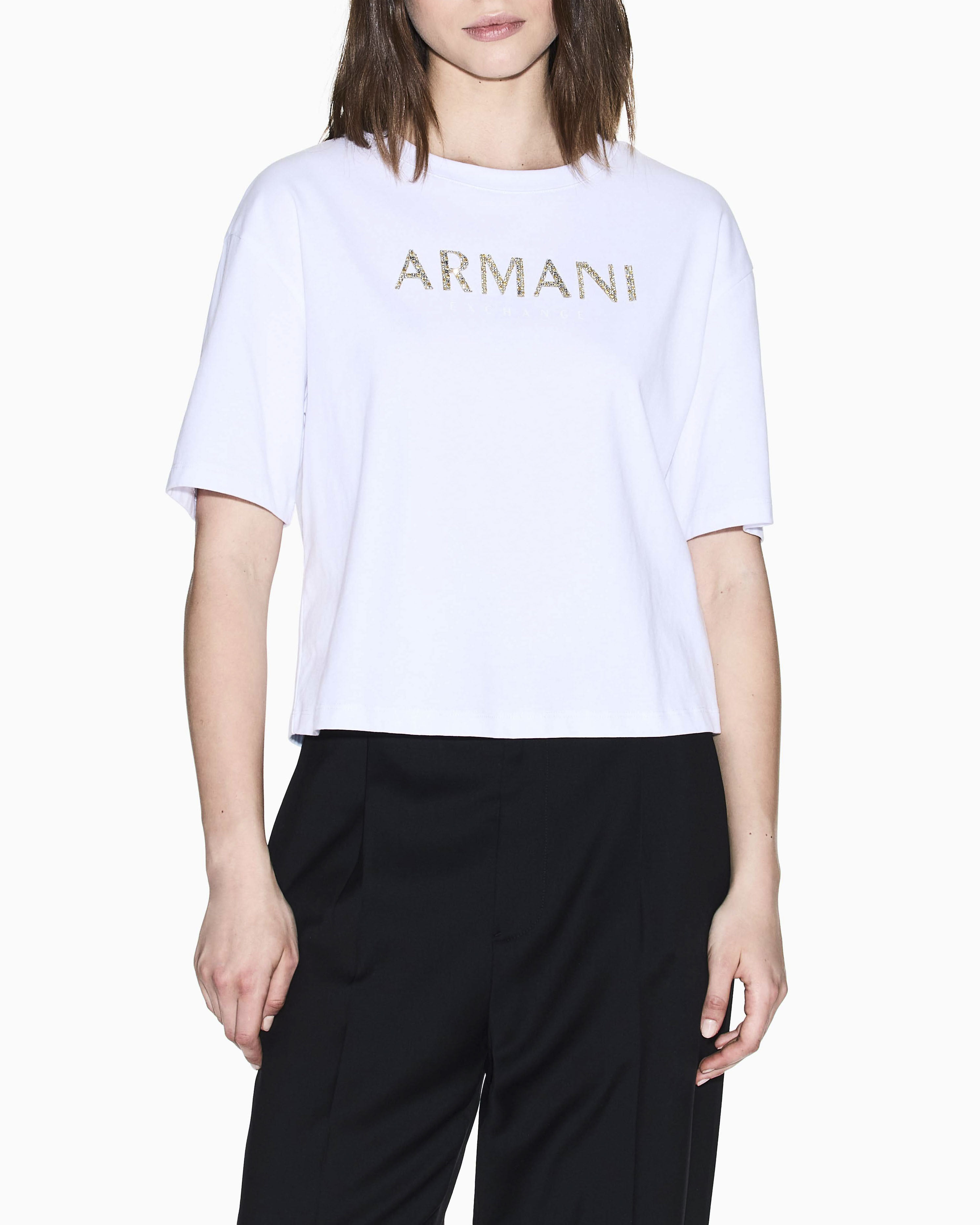 T-shirt Armani Exchange bianca in cotone con logo in strass oro e argento sul davanti