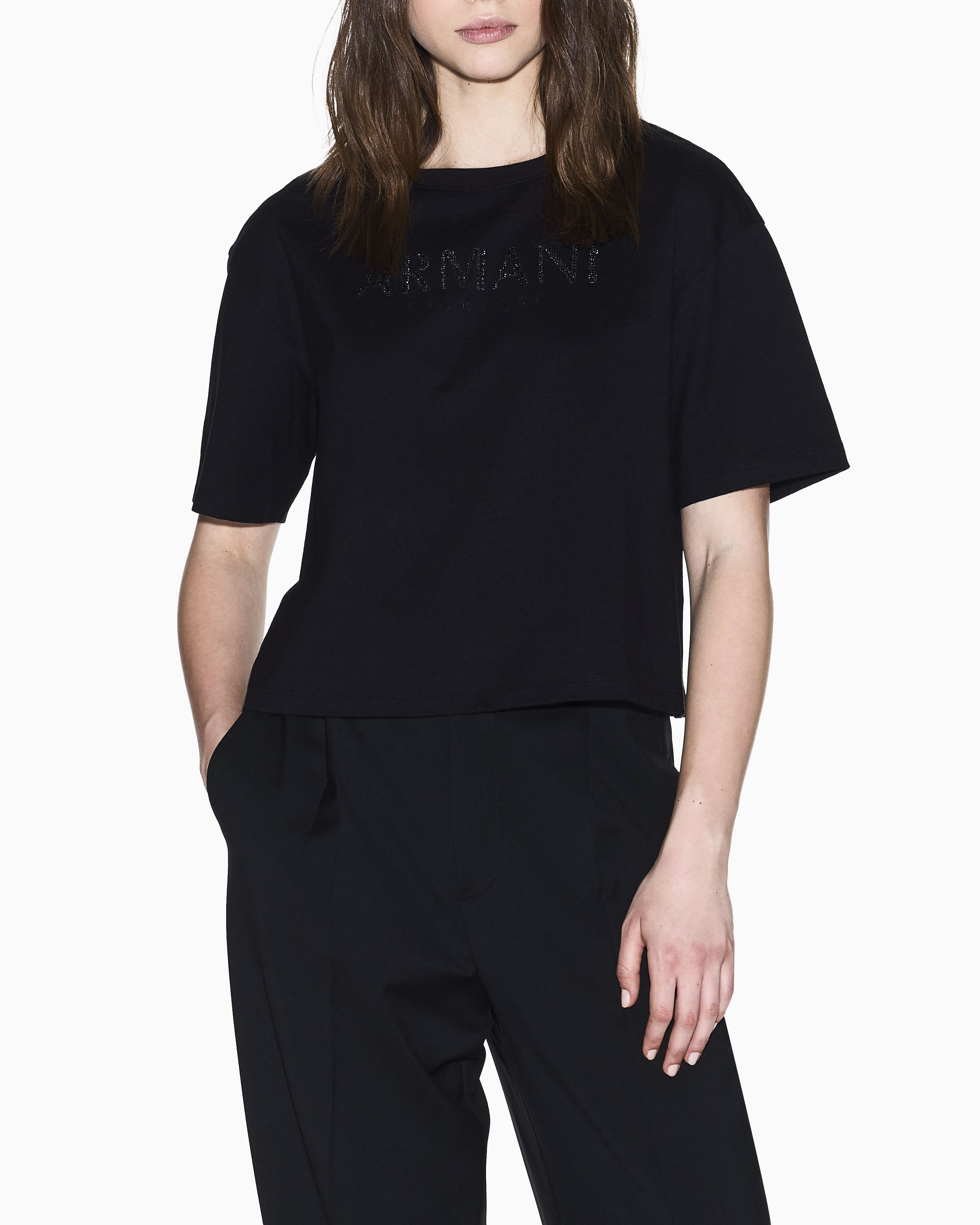 T-shirt Exchange nera in cotone con logo in strass tono su tono sul davanti