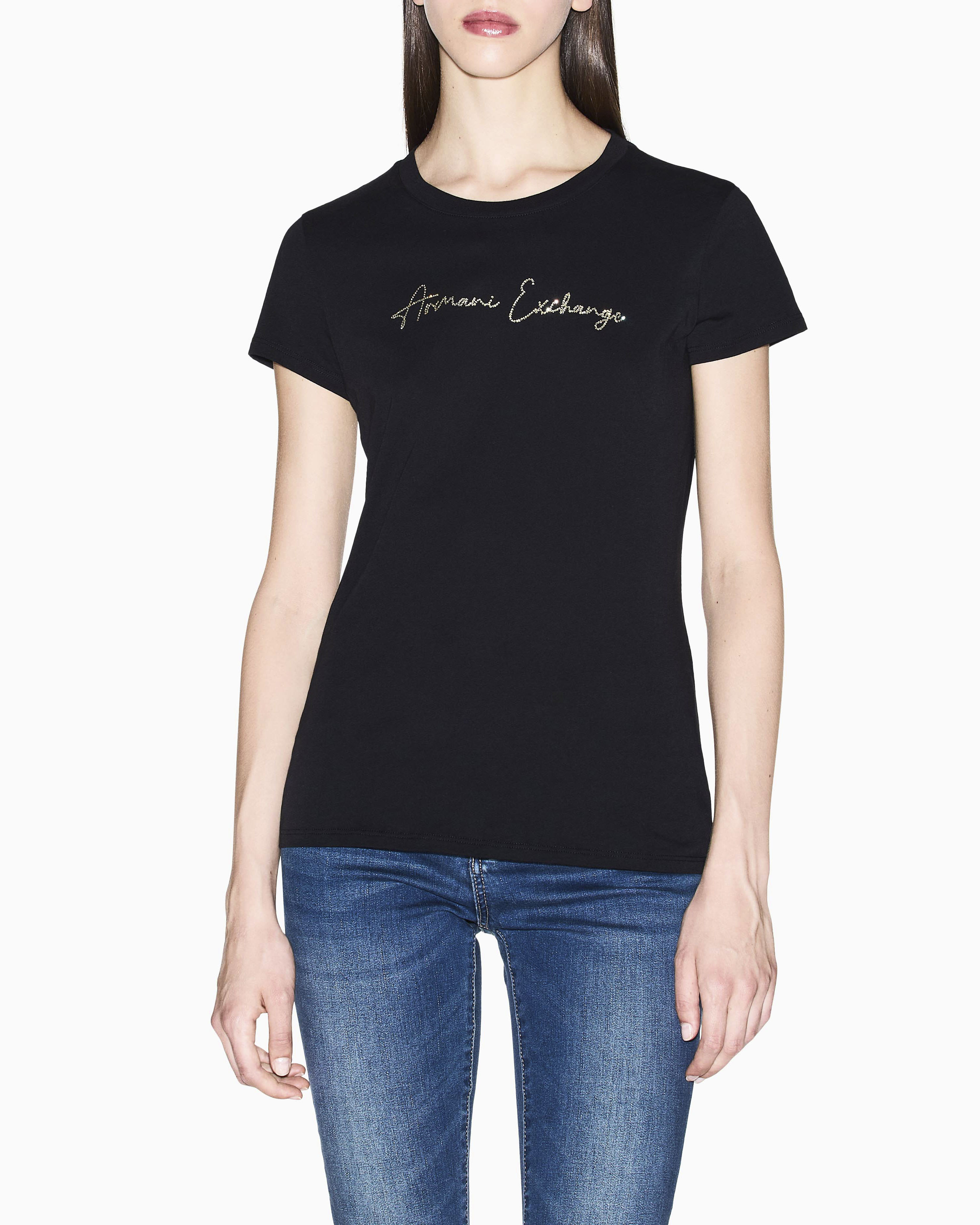 T-shirt Armani Exchange nera in cotone con logo in rilievo sul petto