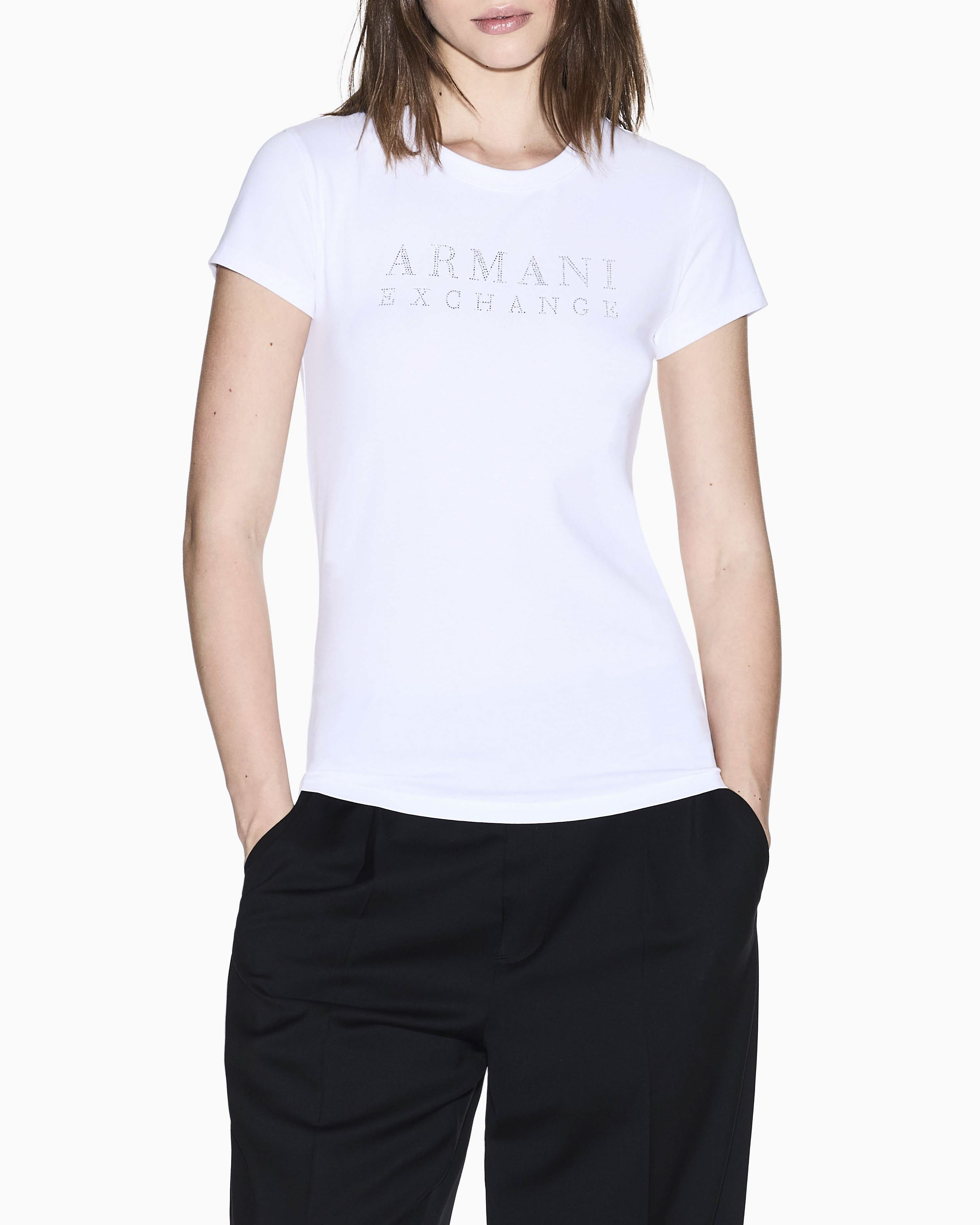 T-shirt Armani Exchange bianca in jersey di cotone elasticizzato con dettagli in maglia