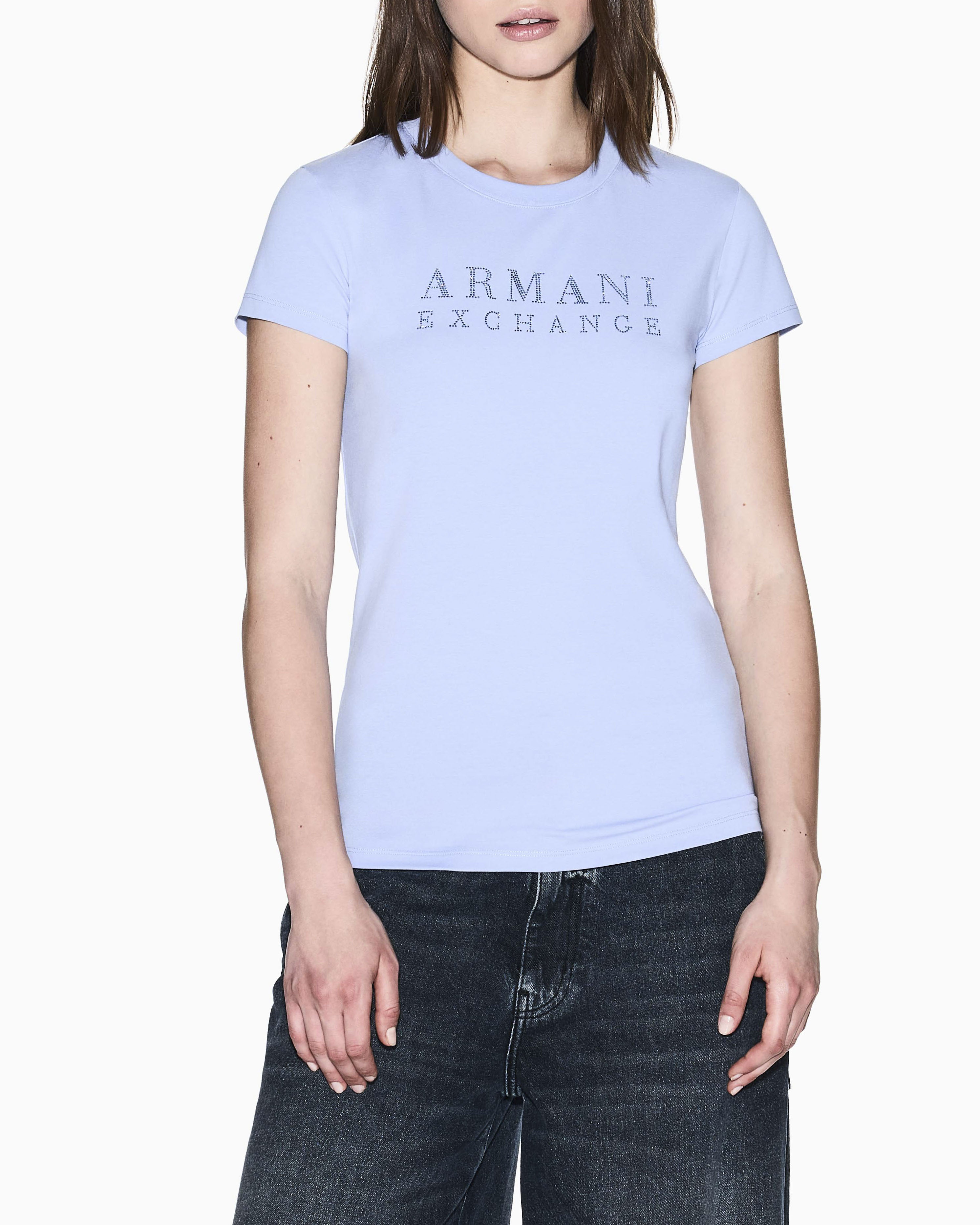 T-shirt Armani Exchange azzurra in jersey di cotone elasticizzato con dettagli in maglia
