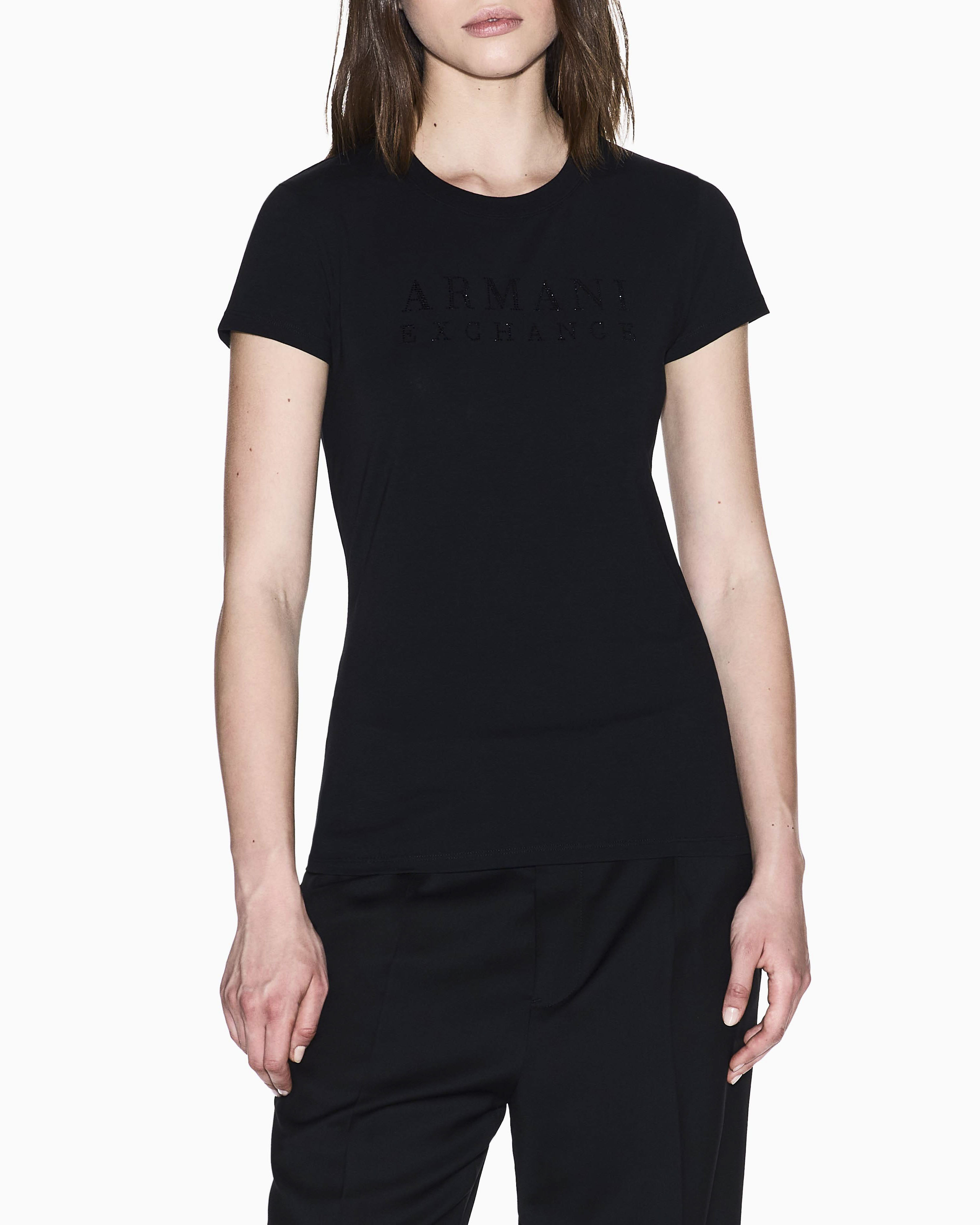 T-shirt Armani Exchange nera in jersey di cotone elasticizzato con logo in rilievo