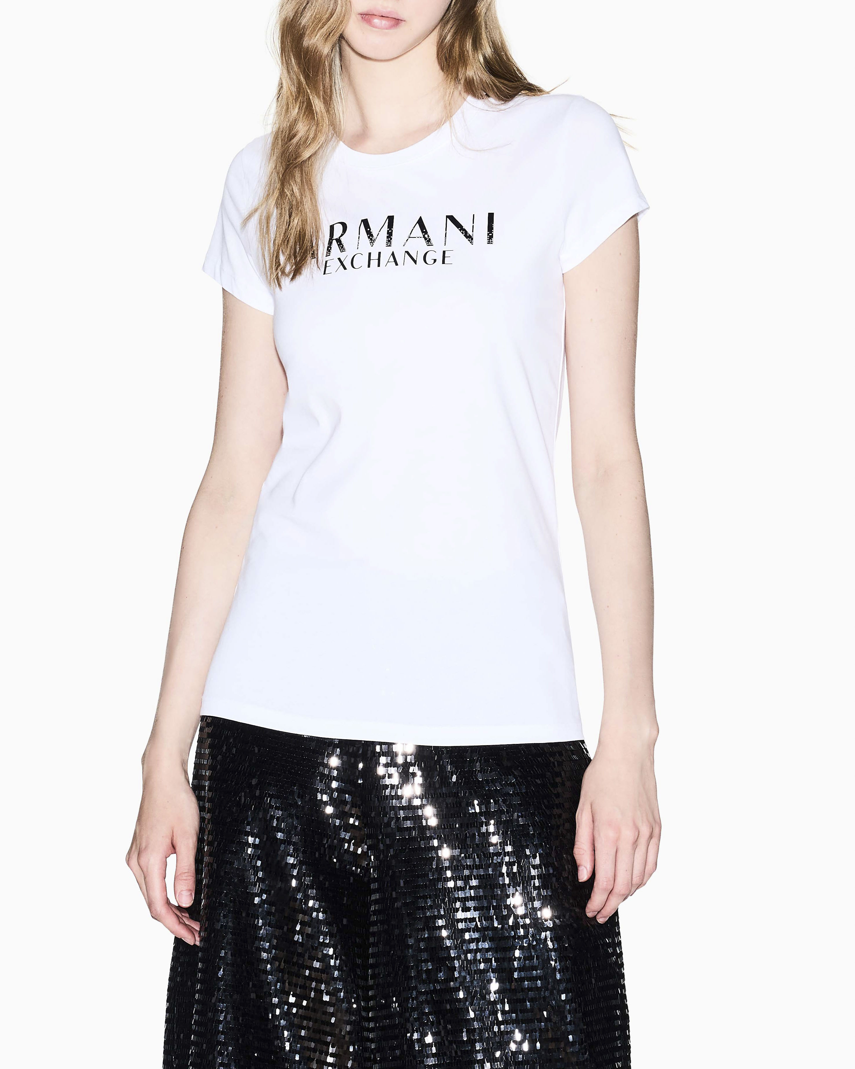 T-shirt Exchange bianca in cotone con logo stampato sul davanti