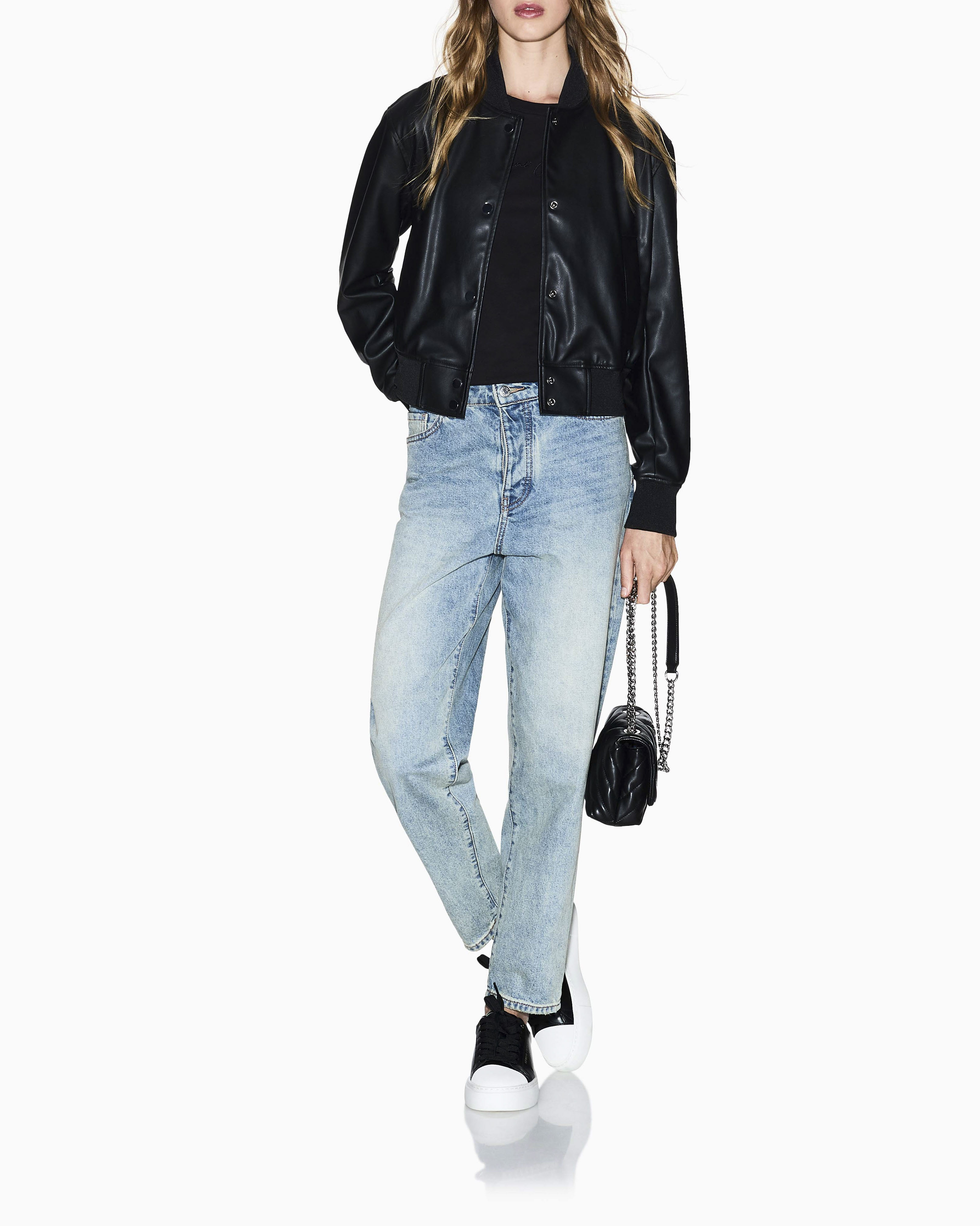 Bomber Armani Exchange nero in similpelle con dettagli in maglia image