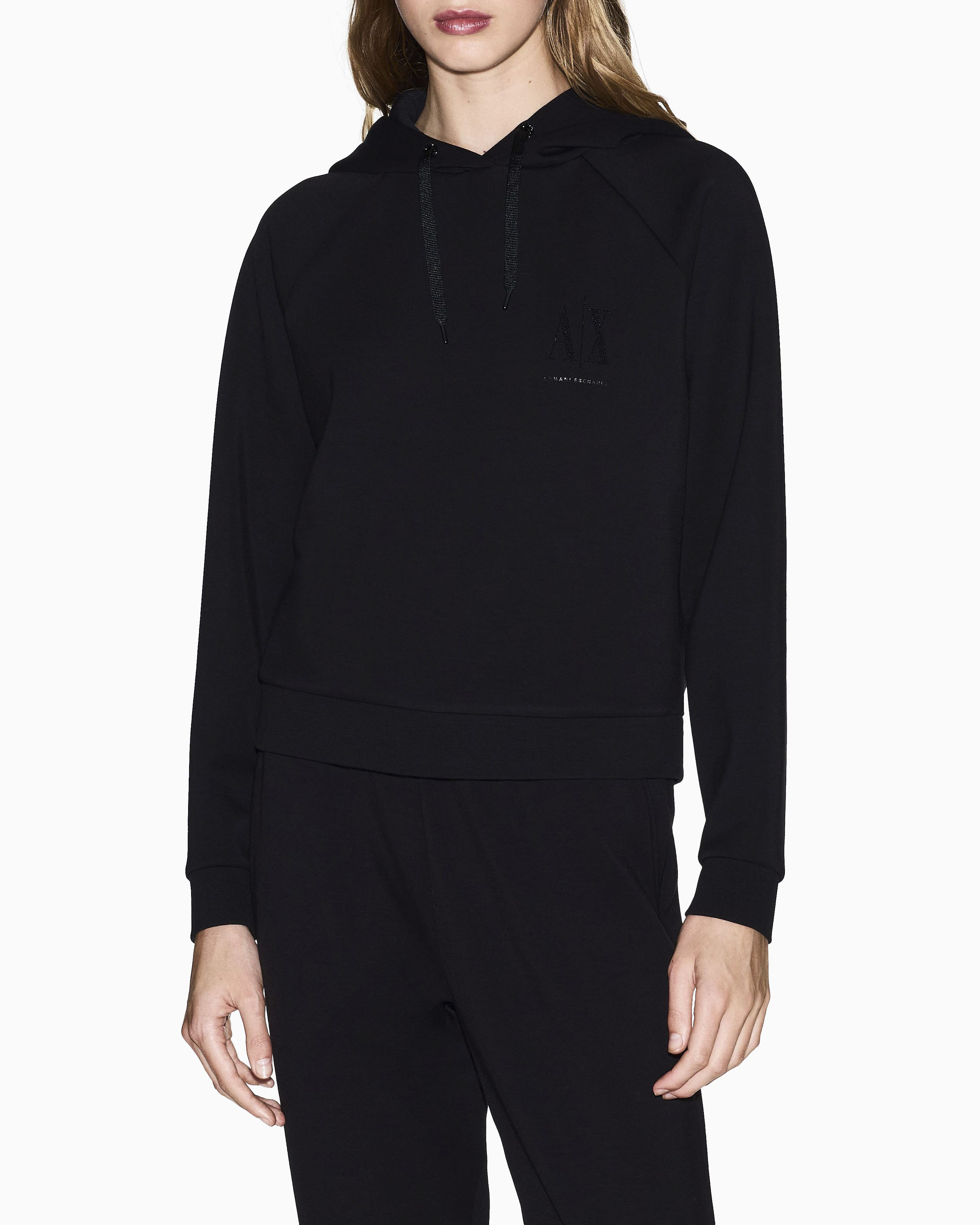 Felpa Armani Exchange nera in misto viscosa con dettagli in maglia di cotone