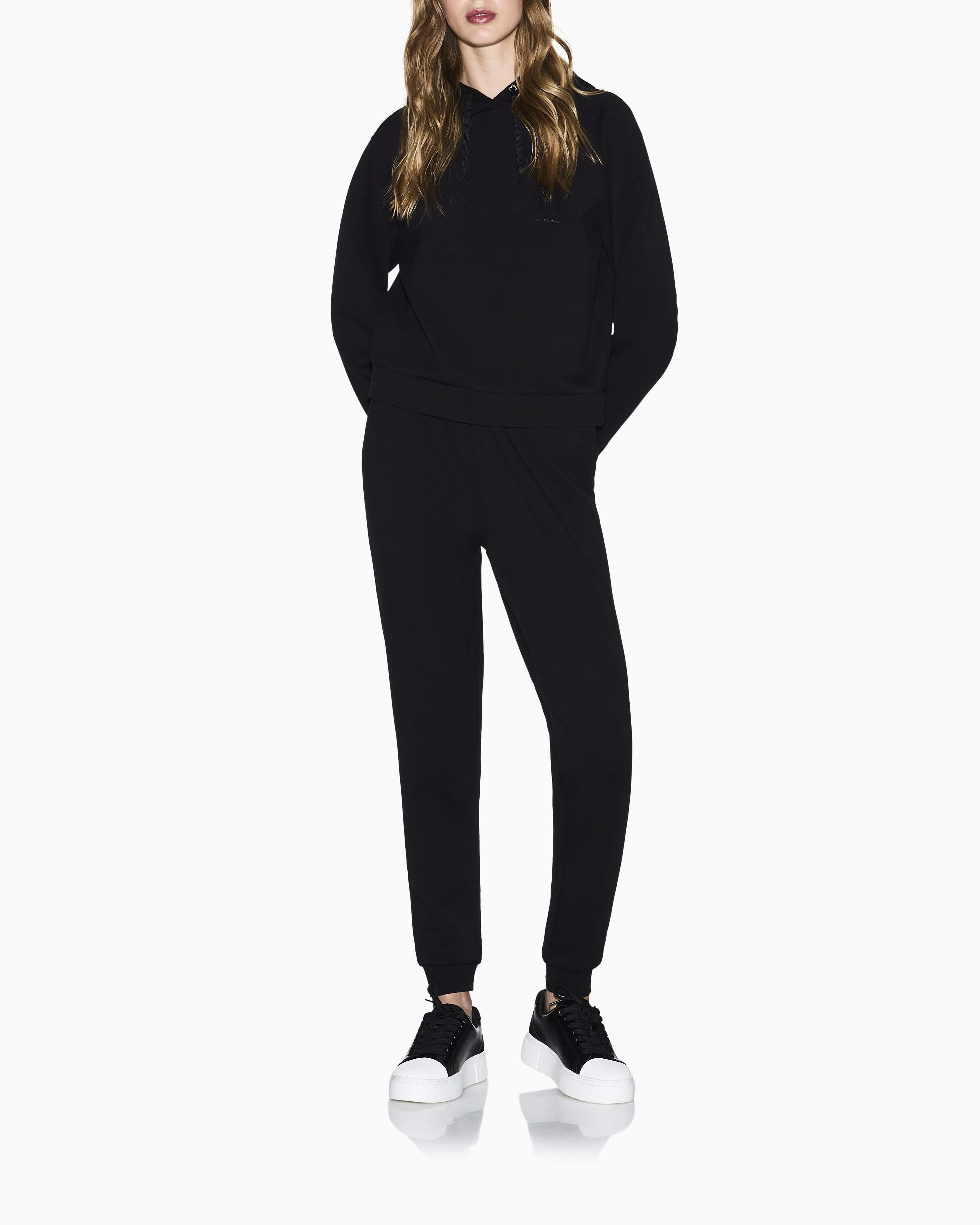 Felpa Armani Exchange nera in misto viscosa con dettagli in maglia di cotone image