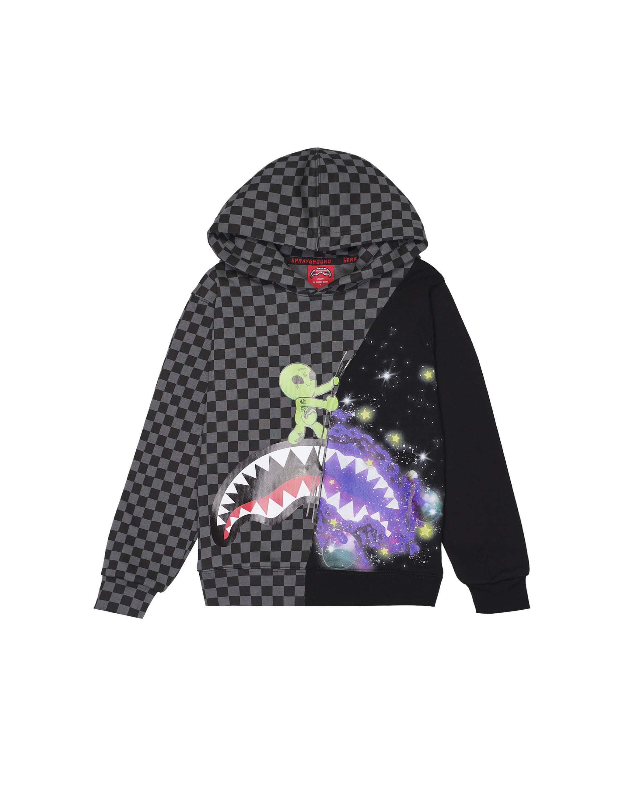 Felpa Sprayground nera e grigia checkered con cosmo e alieno
