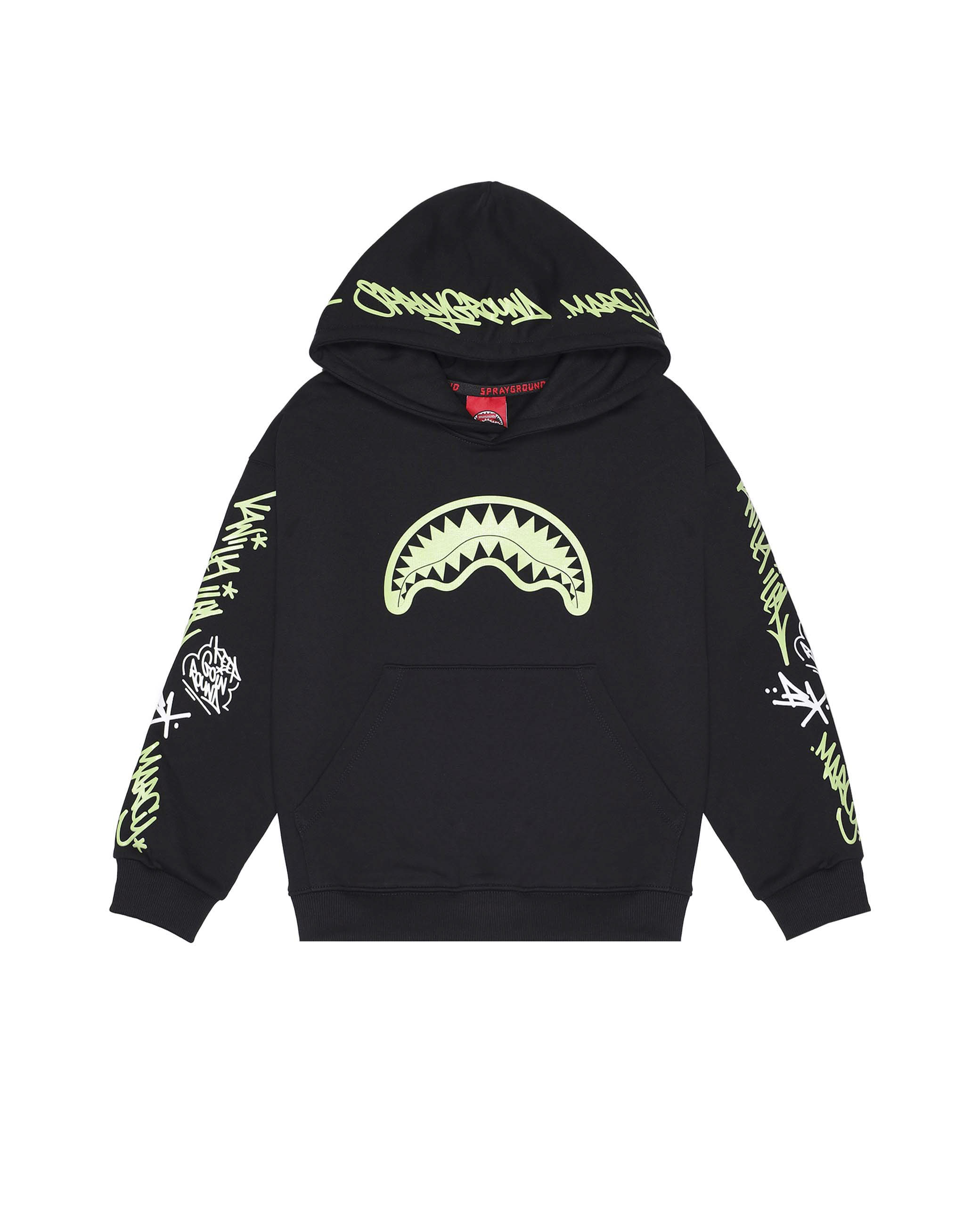 Felpa nera in cotone con cappuccio e scritte graffiti verde fluo