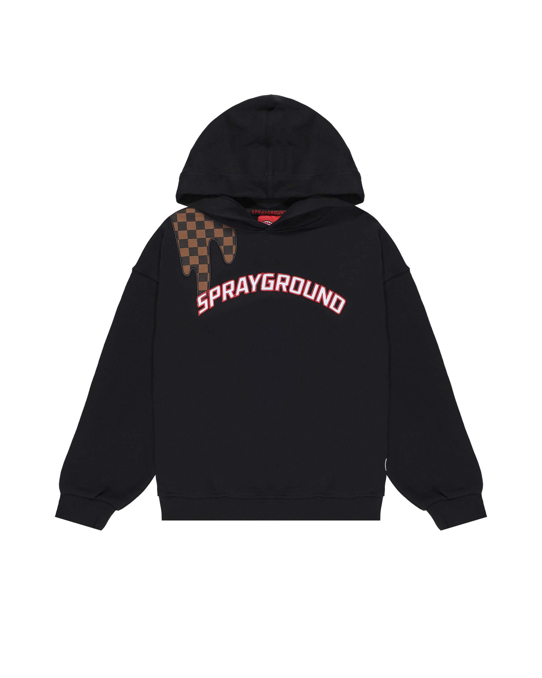 Felpa nera Sprayground con cappuccio e macchia checkered marrone e scritta logo