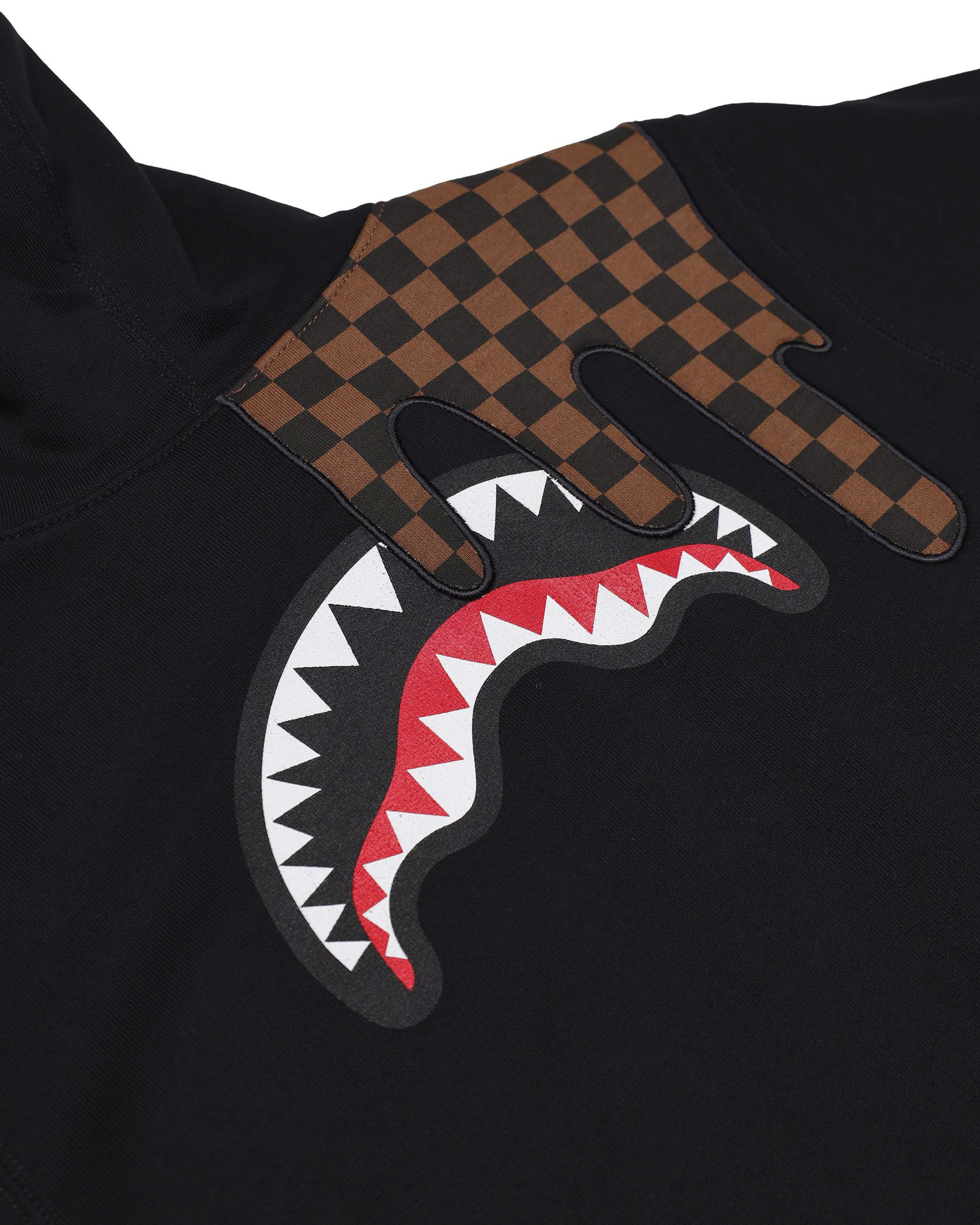Felpa nera Sprayground con cappuccio e macchia checkered marrone e scritta logo image