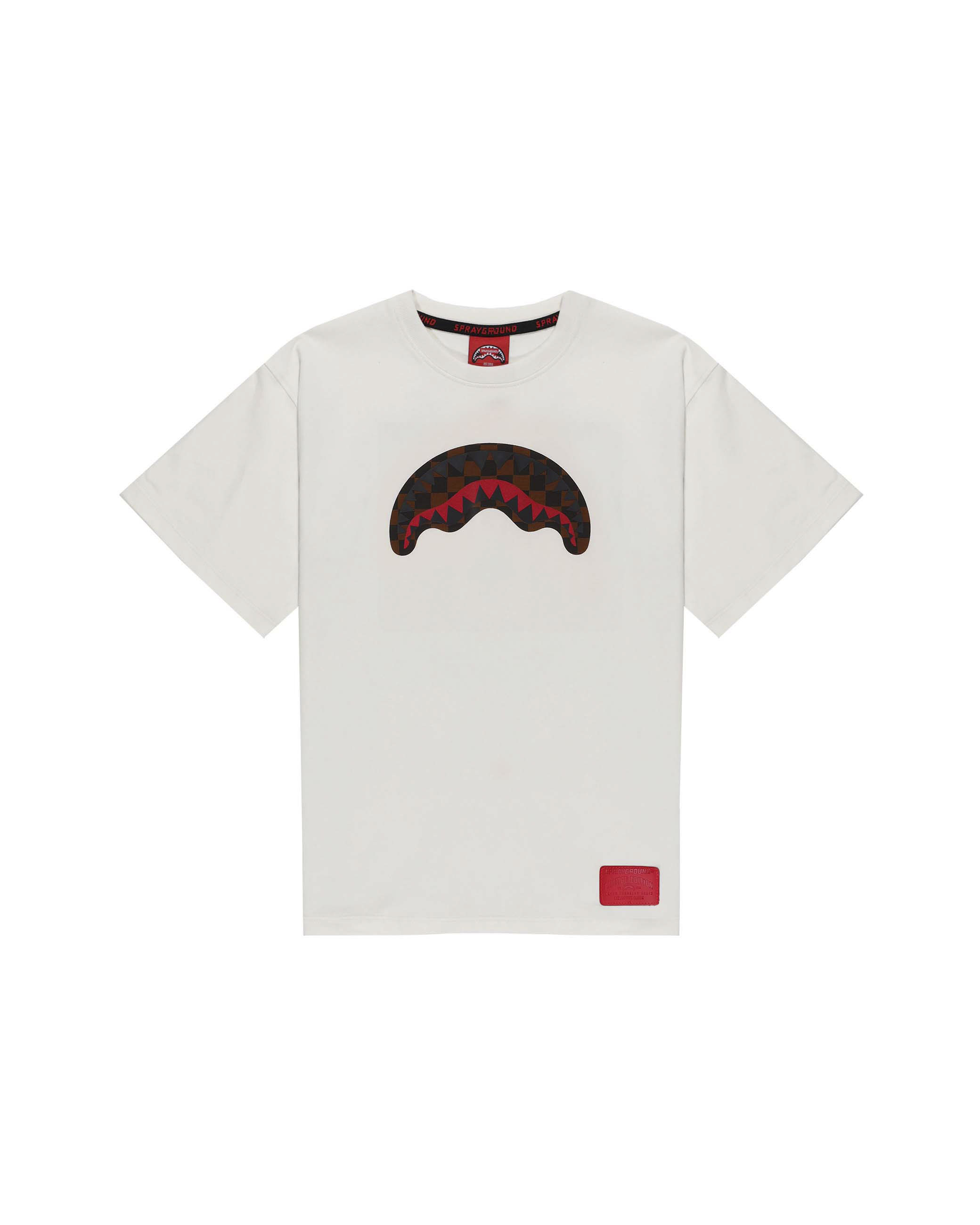 T-shirt color panna con bocca checkered marrone e nera