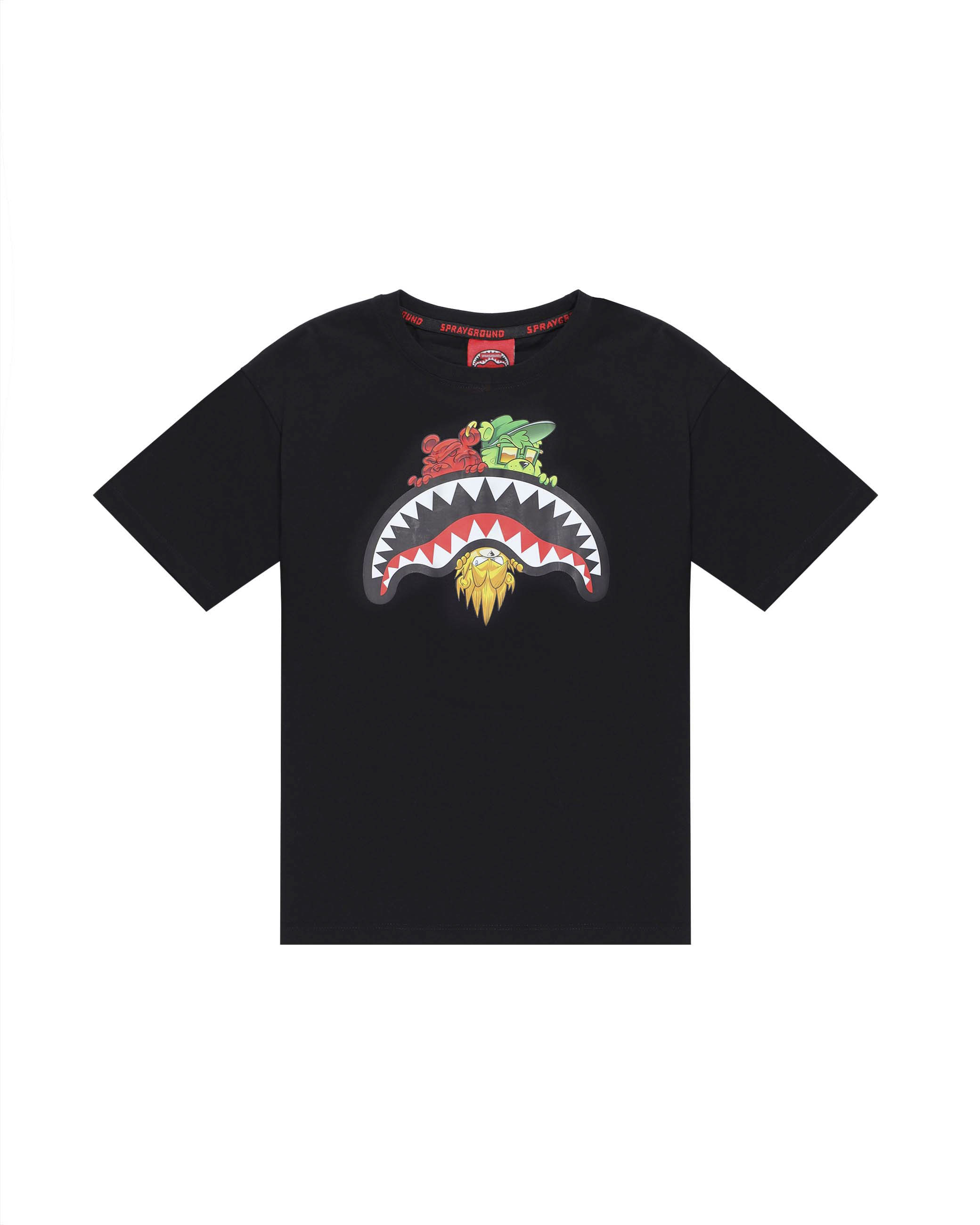 T-shirt nera con bocca e personaggi icon