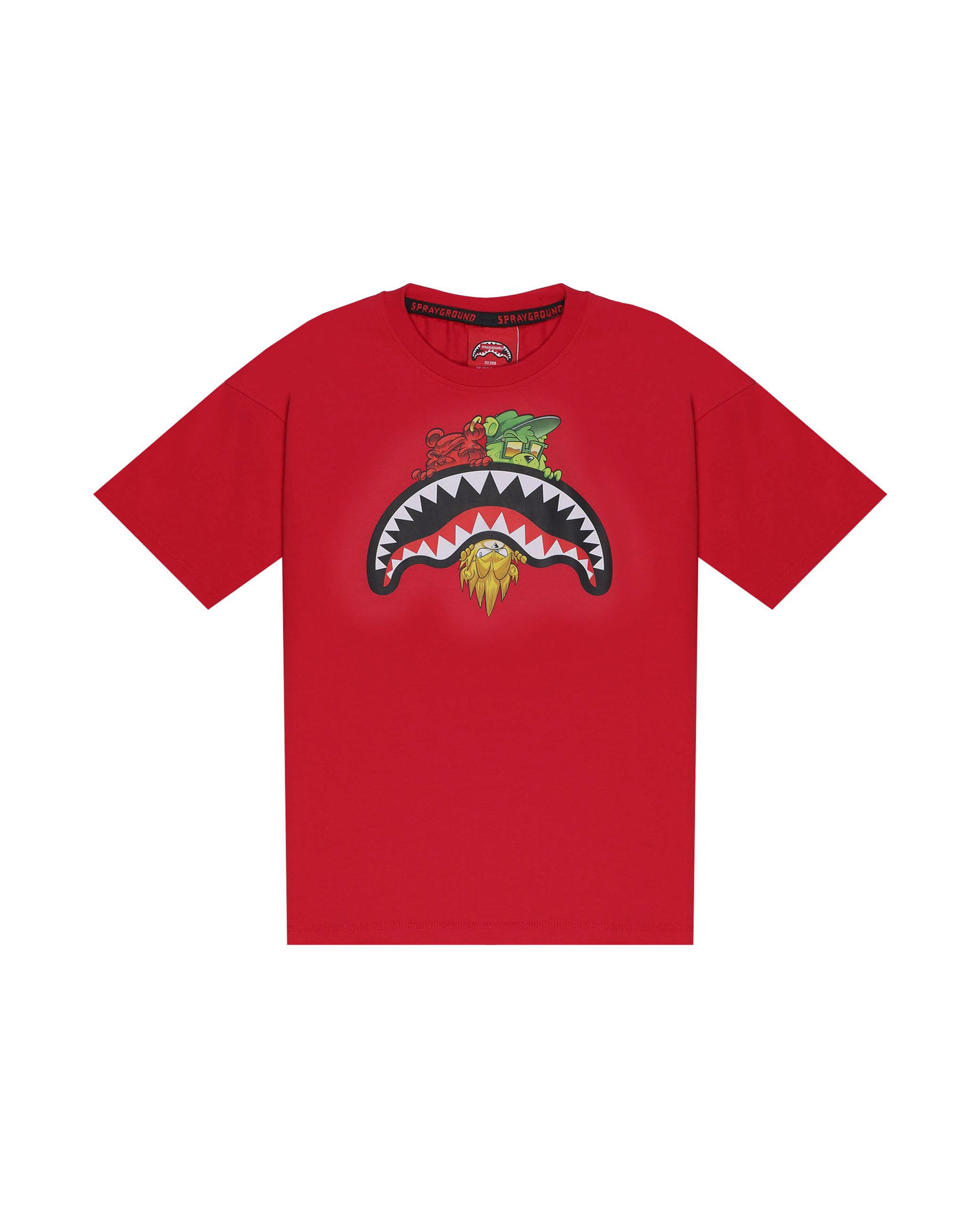 T-shirt Sprayground rossa con bocca e personaggi icon