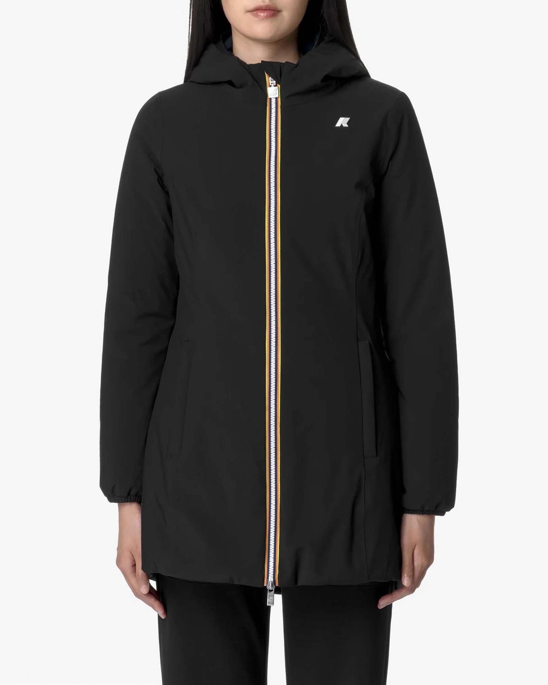 Giacca midi K-Way Warm Denise imbottita reversibile nel colore nero e blu con cappuccio