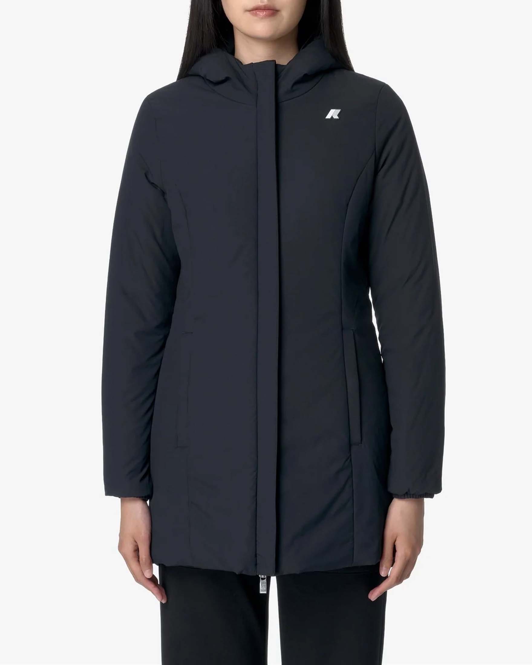 Giacca midi K-Way Warm Denise imbottita reversibile nel colore nero e blu con cappuccio image