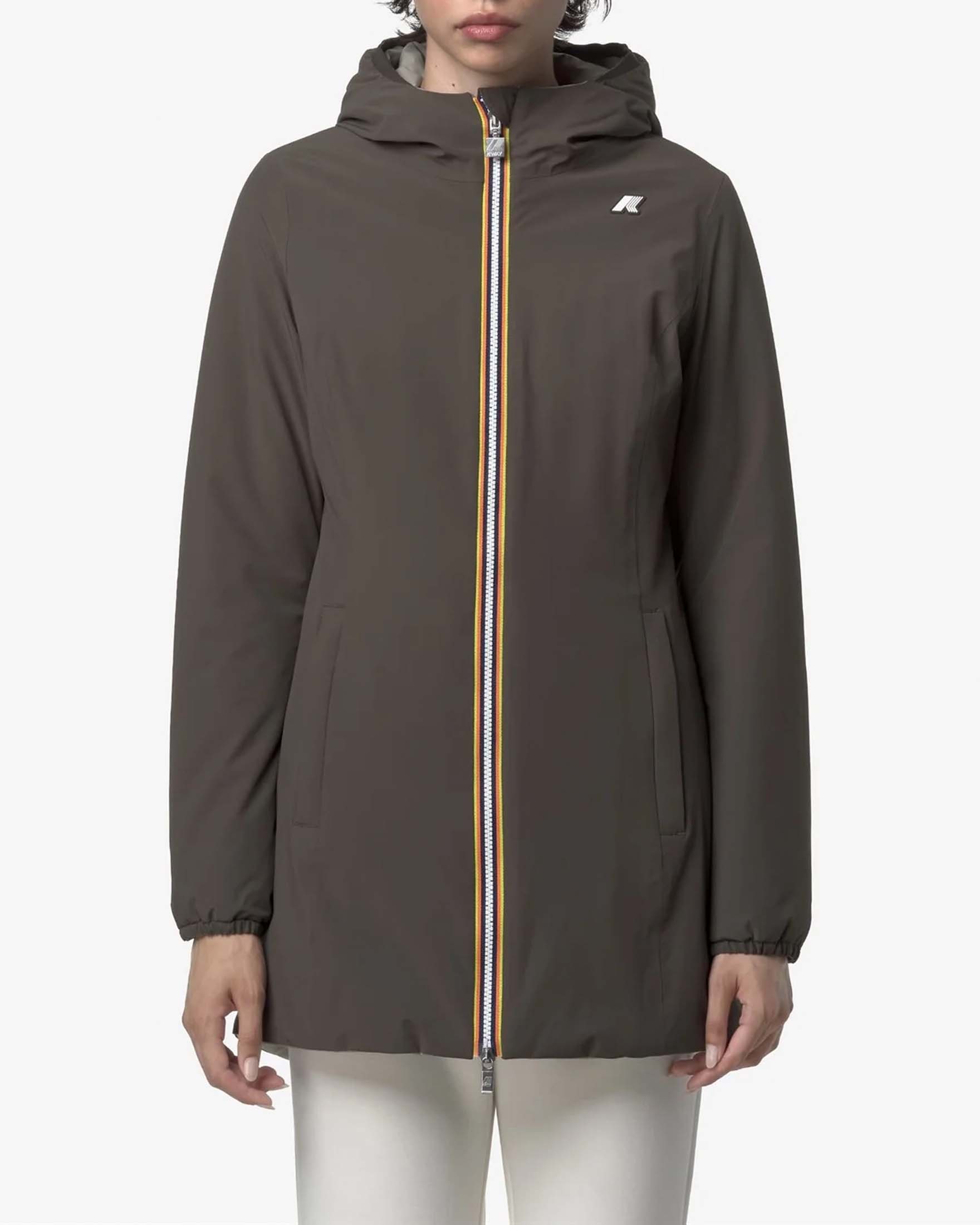 Giacca midi K-Way Warm Denise imbottita reversibile nel colore verde militare e beige con cappuccio