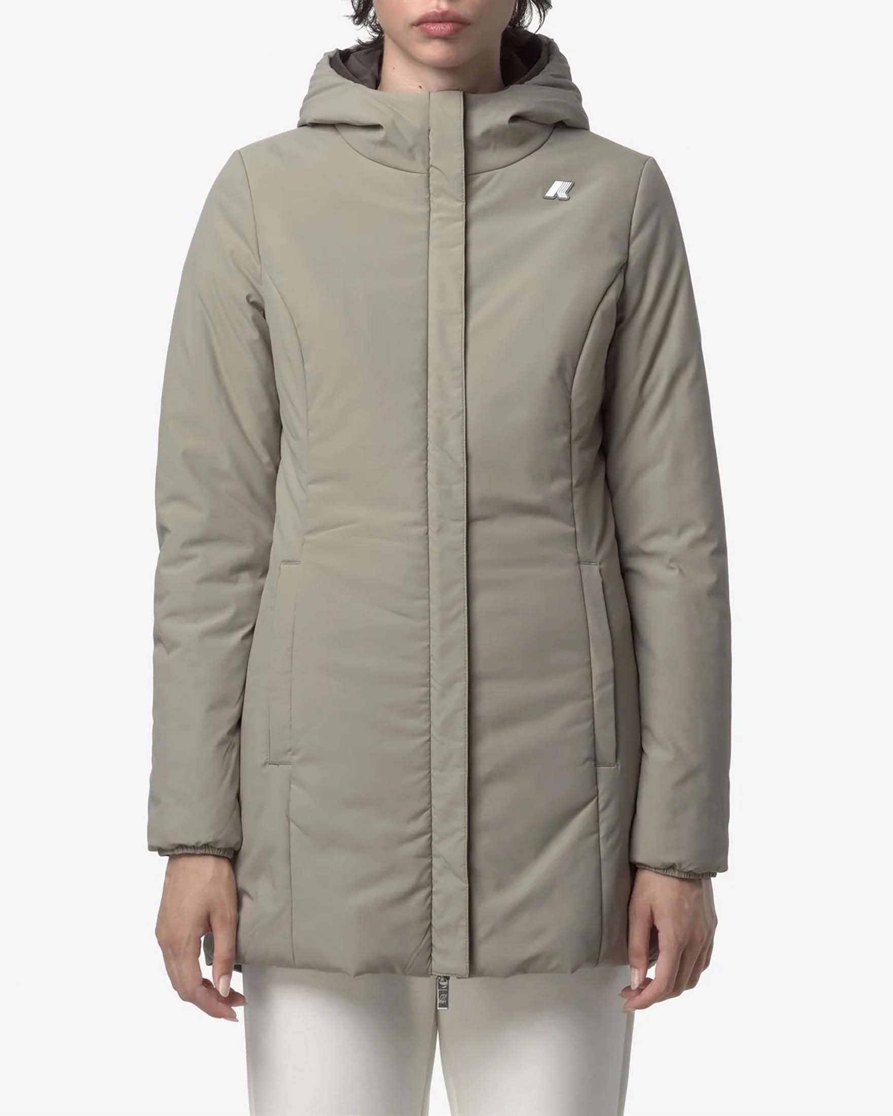 Giacca midi K-Way Warm Denise imbottita reversibile nel colore verde militare e beige con cappuccio image