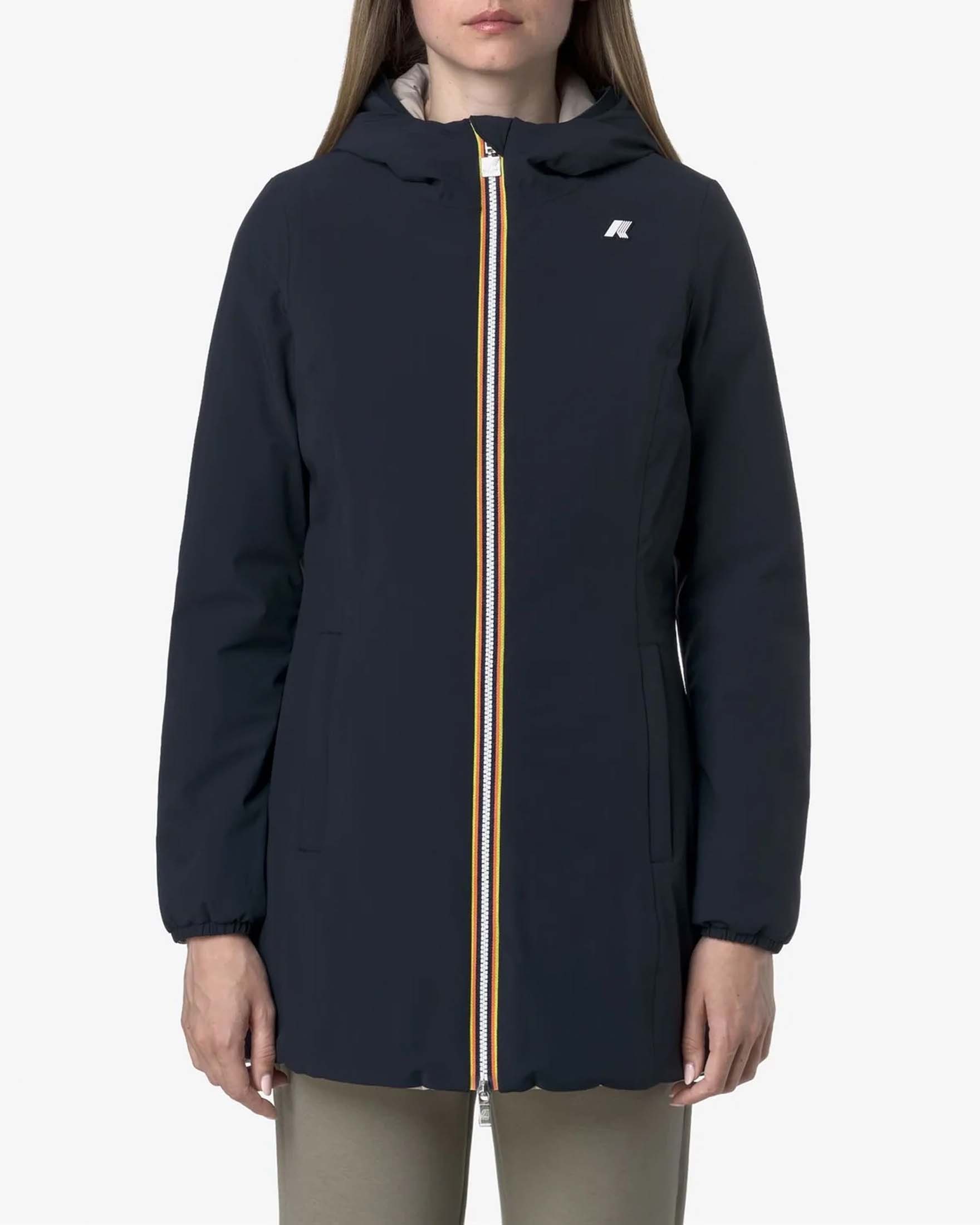 Giacca midi K-Way Warm Denise imbottita reversibile nel colore blu e beige con cappuccio