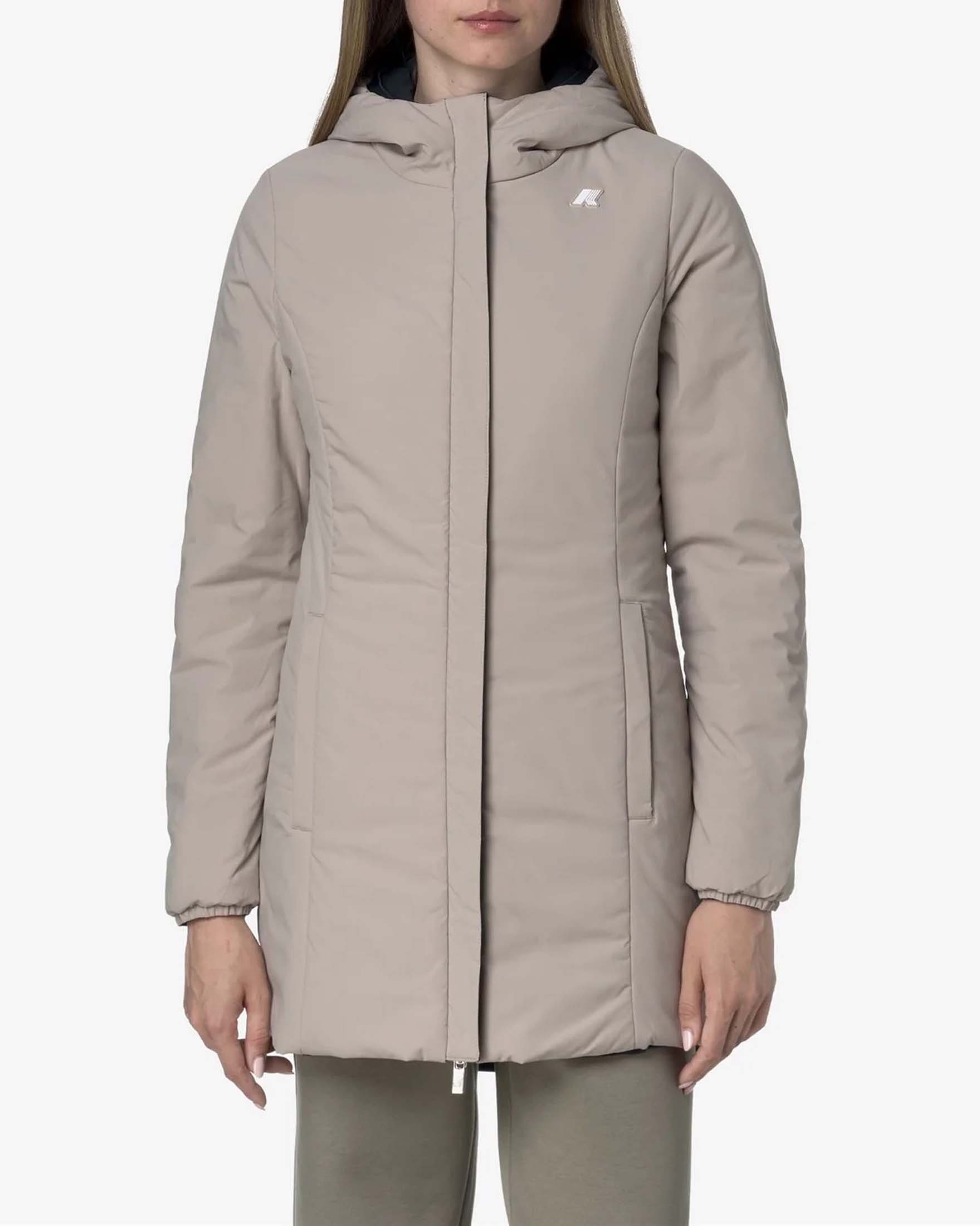 Giacca midi K-Way Warm Denise imbottita reversibile nel colore blu e beige con cappuccio image