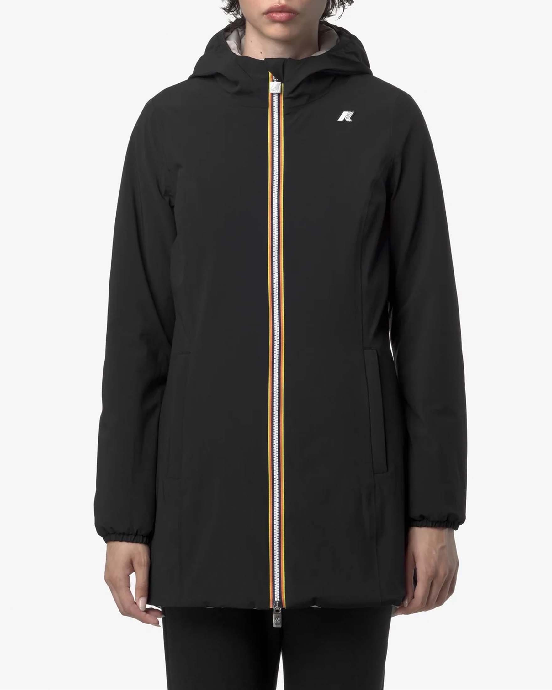 Giacca midi K-Way Warm Denise imbottita reversibile nel colore nero e beige con cappuccio