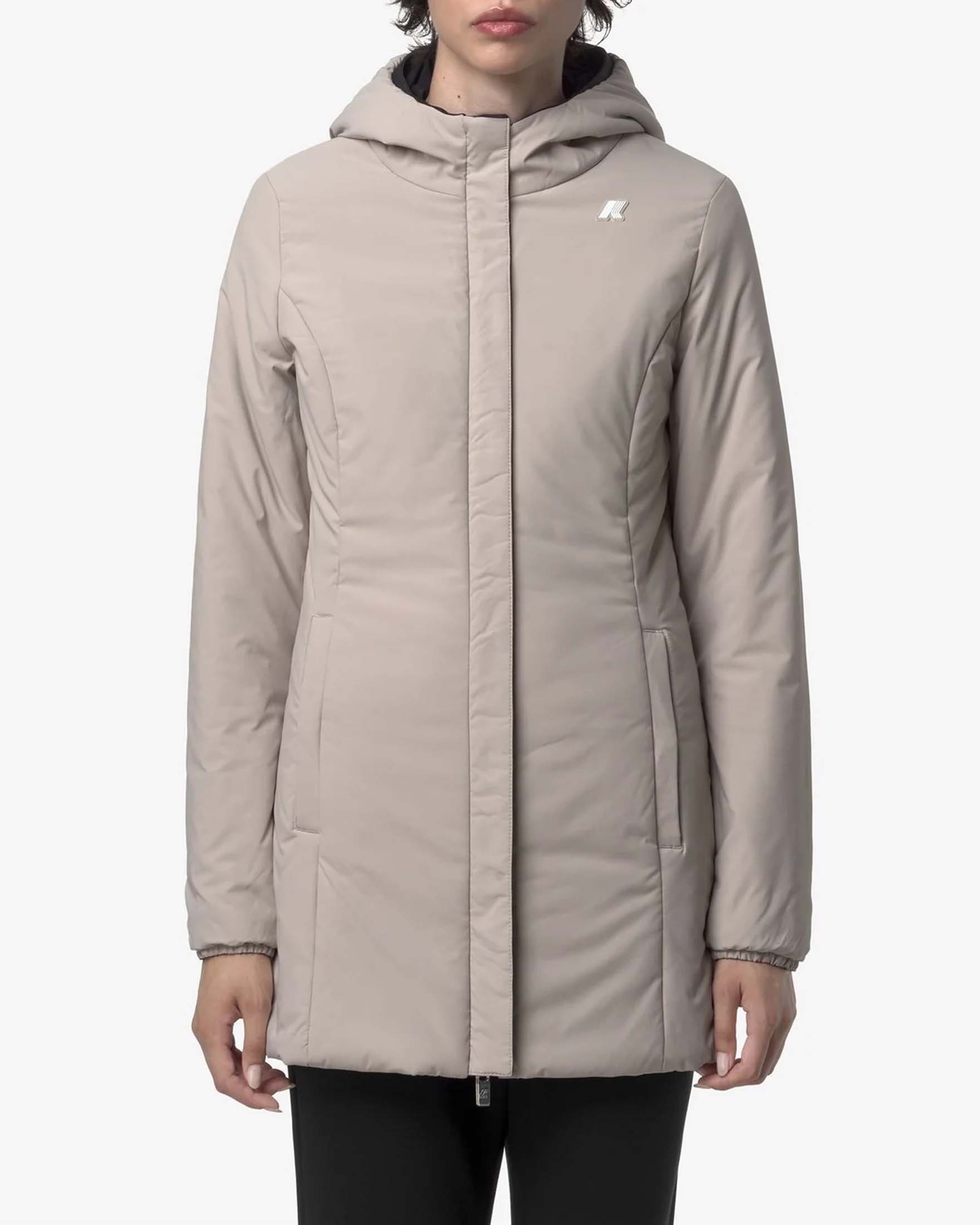 Giacca midi K-Way Warm Denise imbottita reversibile nel colore nero e beige con cappuccio image