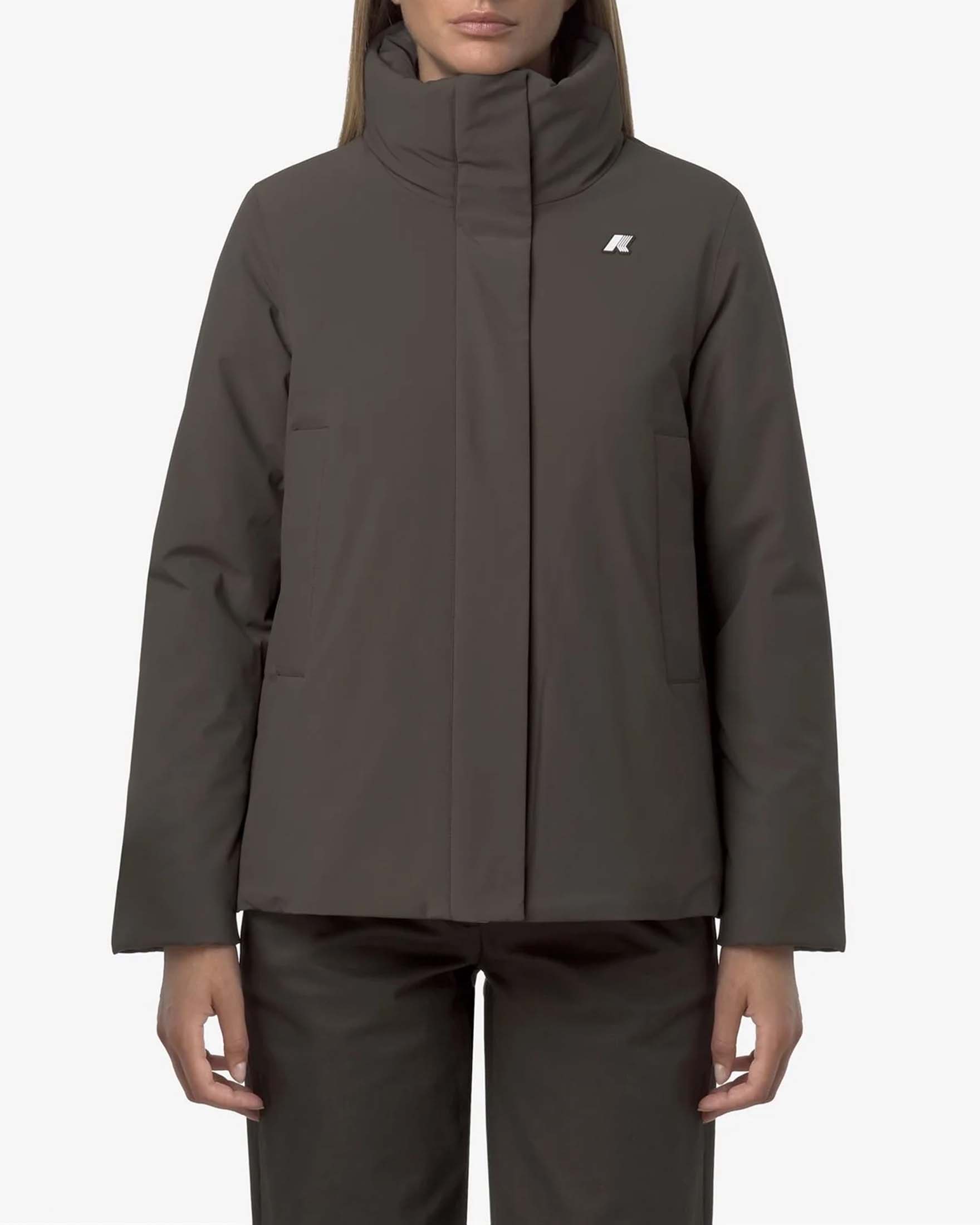 Giacca verde militare K-Way Marlette in tessuto impermeabile e antivento con collo in piedi