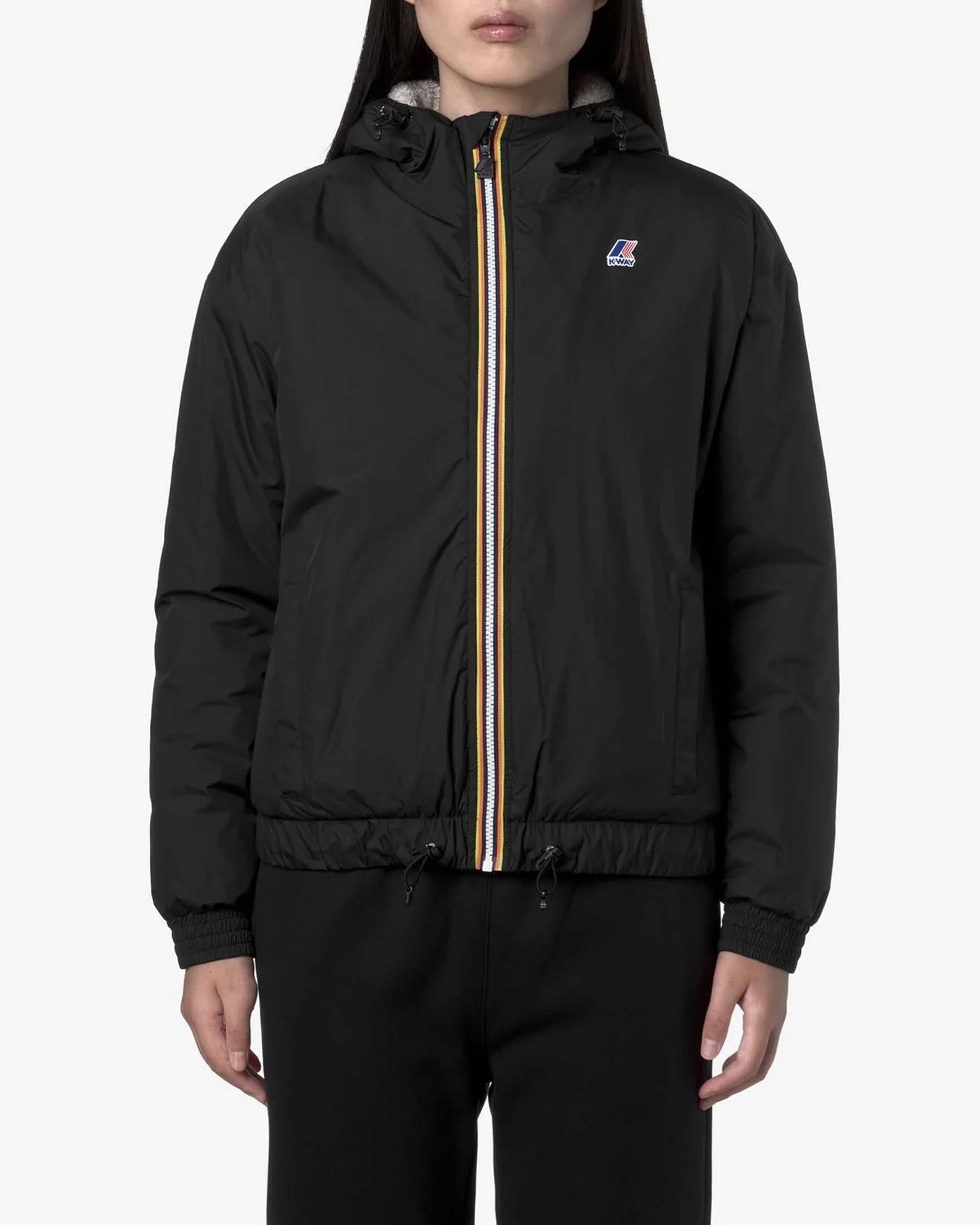 Giubbino K-Way Le Vrai 4.0 Albine Orsetto nero con inserto in tessuto effetto sherpa e cappuccio