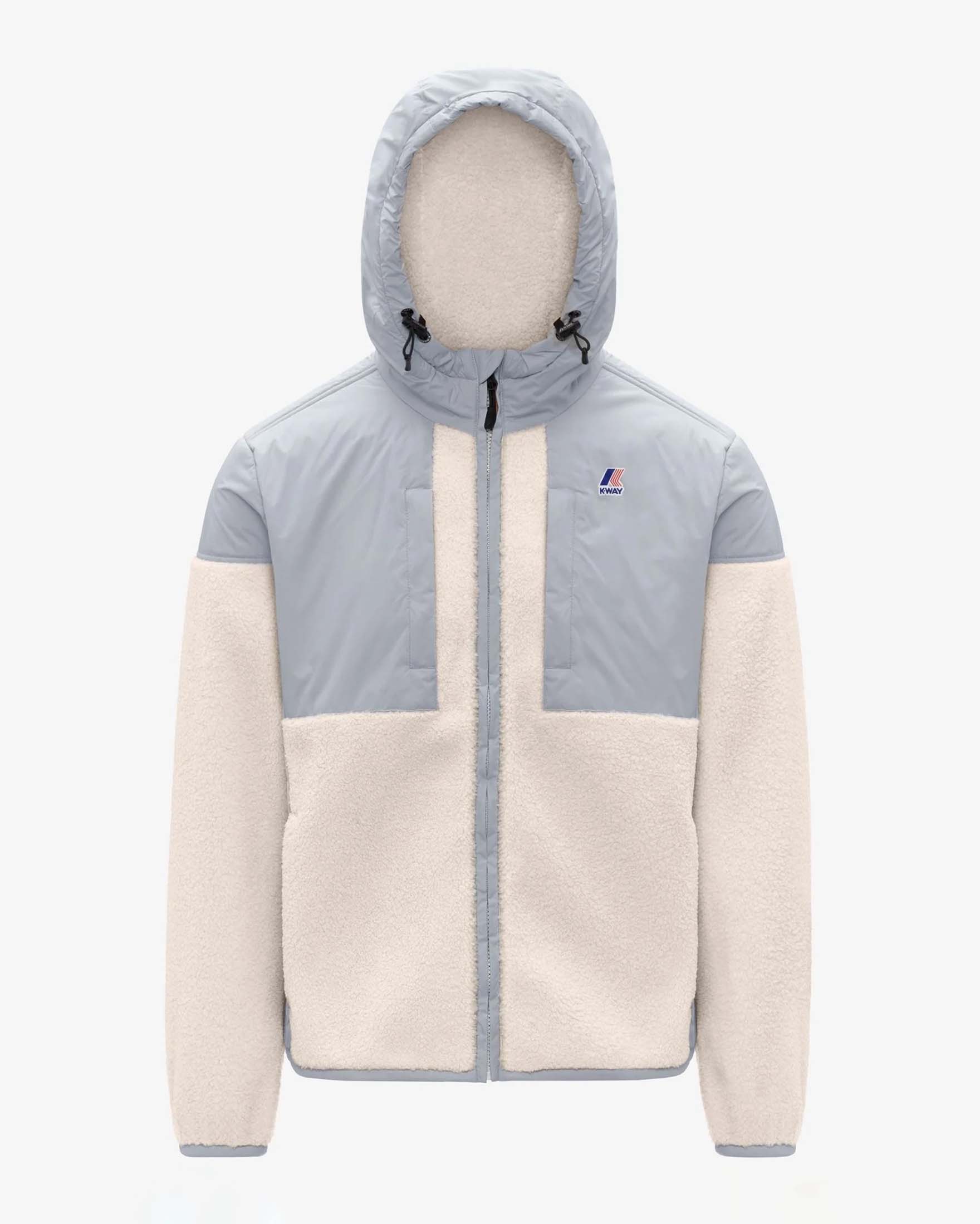 Giubbino K-Way Samson azzurro con inserti in tessuto teddy bianco e cappuccio fisso