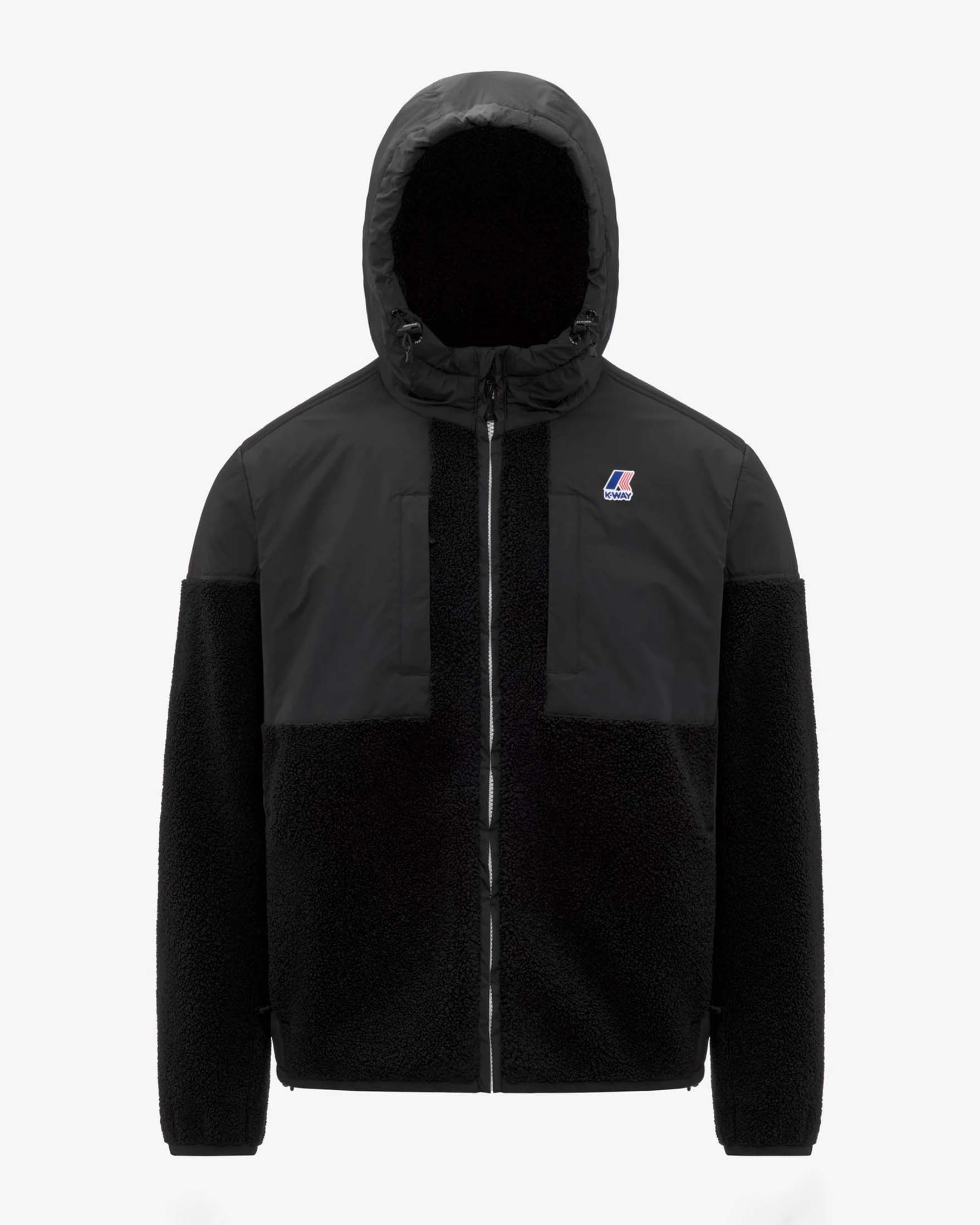 Giubbino K-Way Samson nero con inserti in tessuto teddy tono su tono e cappuccio fisso