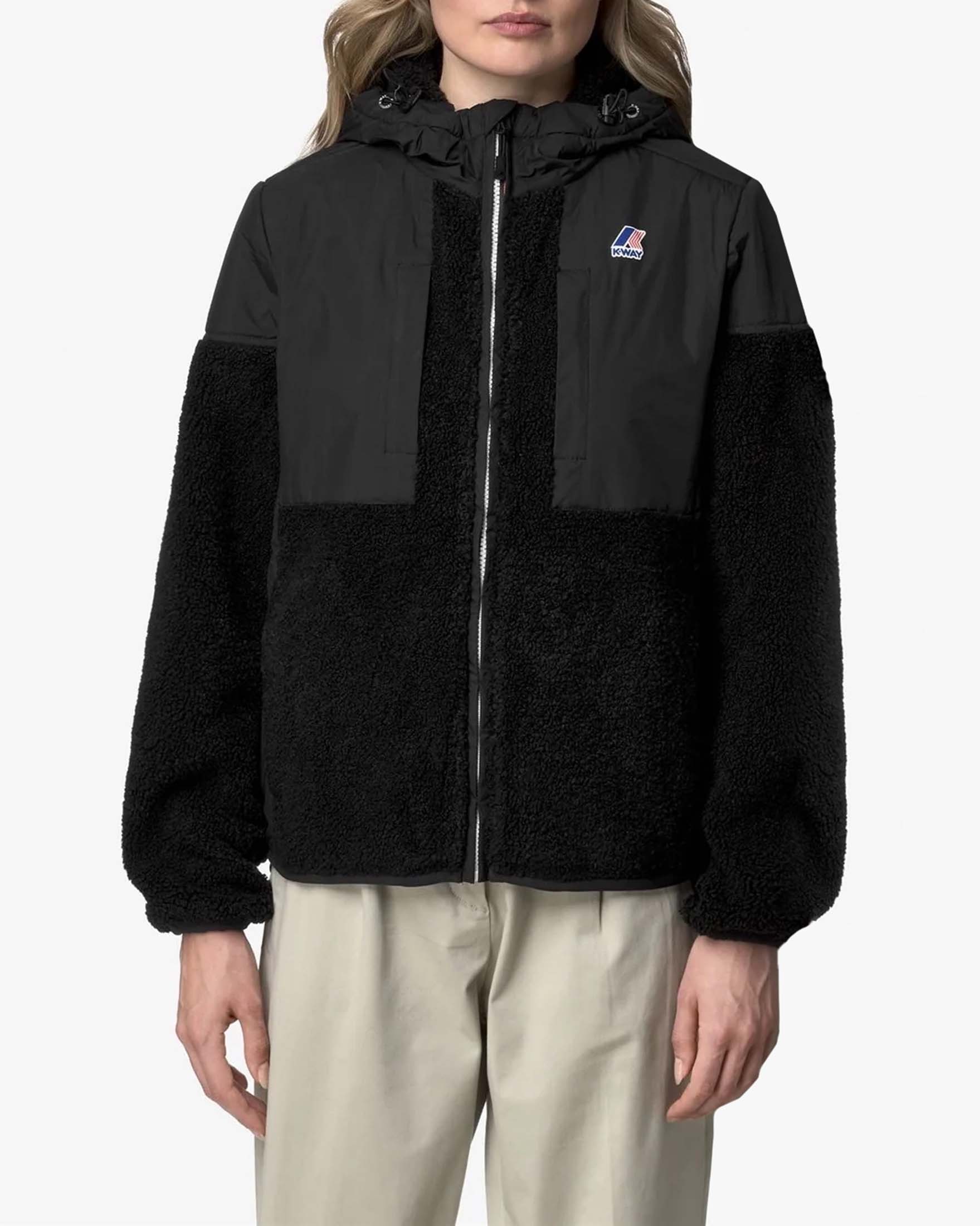Giubbino K-Way Samson nero con inserti in tessuto teddy tono su tono e cappuccio fisso image