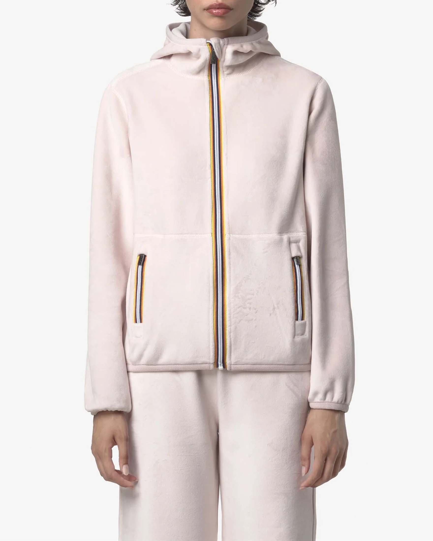 Felpa rosa reversibile K-Way modello Lily in velour con cappuccio e cerniero termonastrate