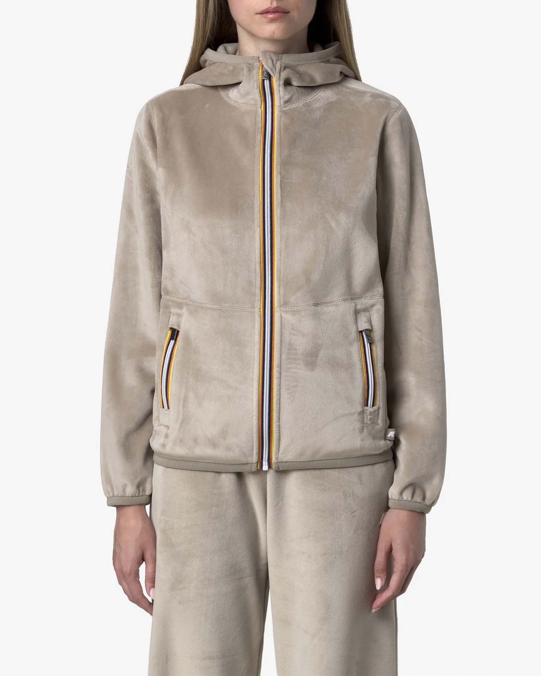 Felpa beige reversibile K-Way modello Lily in velour con cappuccio e cerniero termonastrate