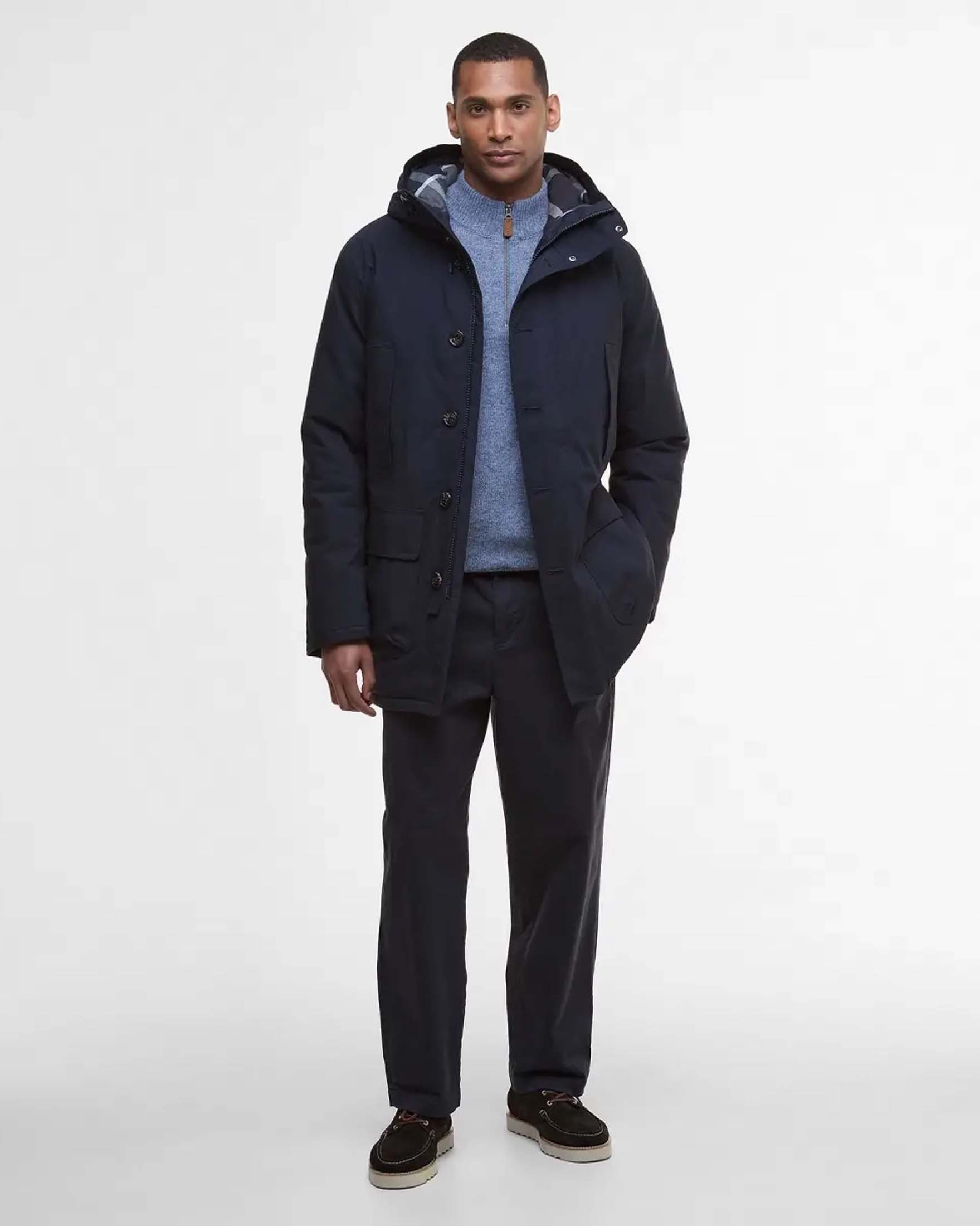 Parka Beaufort Barbour blu in twill di poliestere e cotone cerato