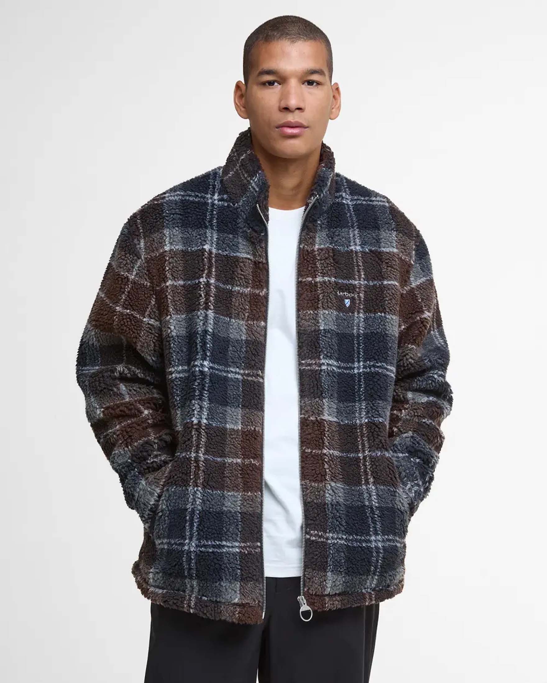 Giubbino Barbour Tartan Fleece in pile sherpa marrone e blu