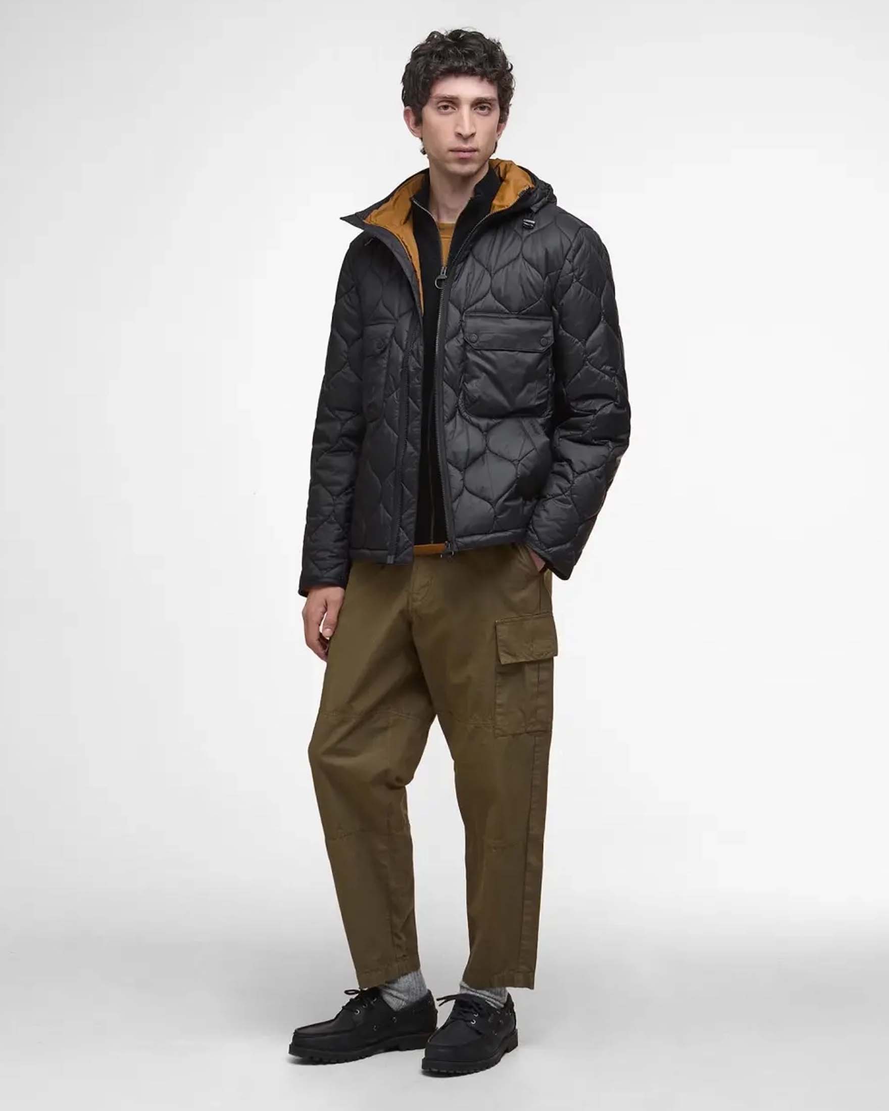 Giacca Barbour Re-Engineered Hooded Spey nera in nylon ad onde con cappuccio