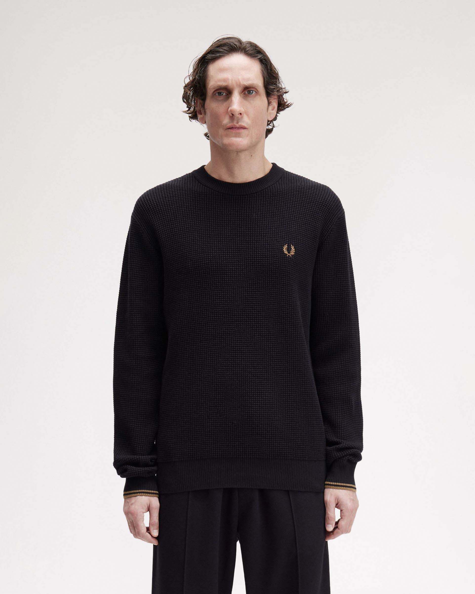 Maglia girocollo Fred Perry nera in puro cotone punto waffle