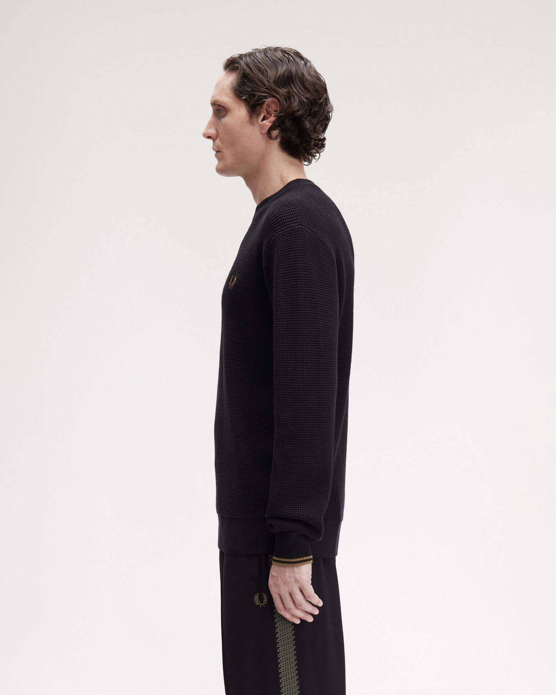 Maglia girocollo Fred Perry nera in puro cotone punto waffle image