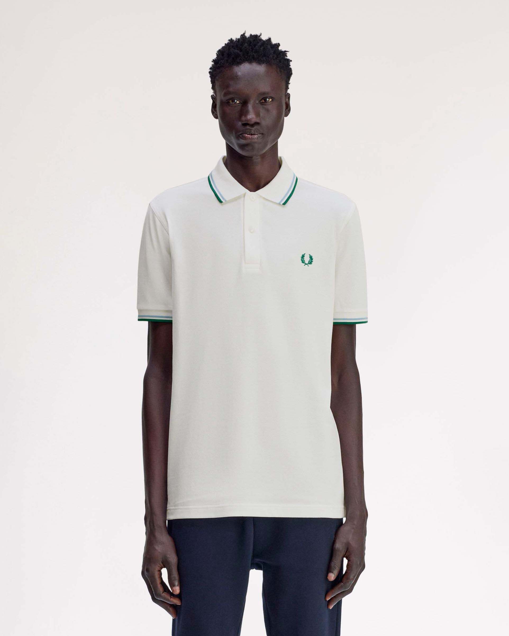 Polo Fred Perry bianca mezza manica con bordino verde e azzurro