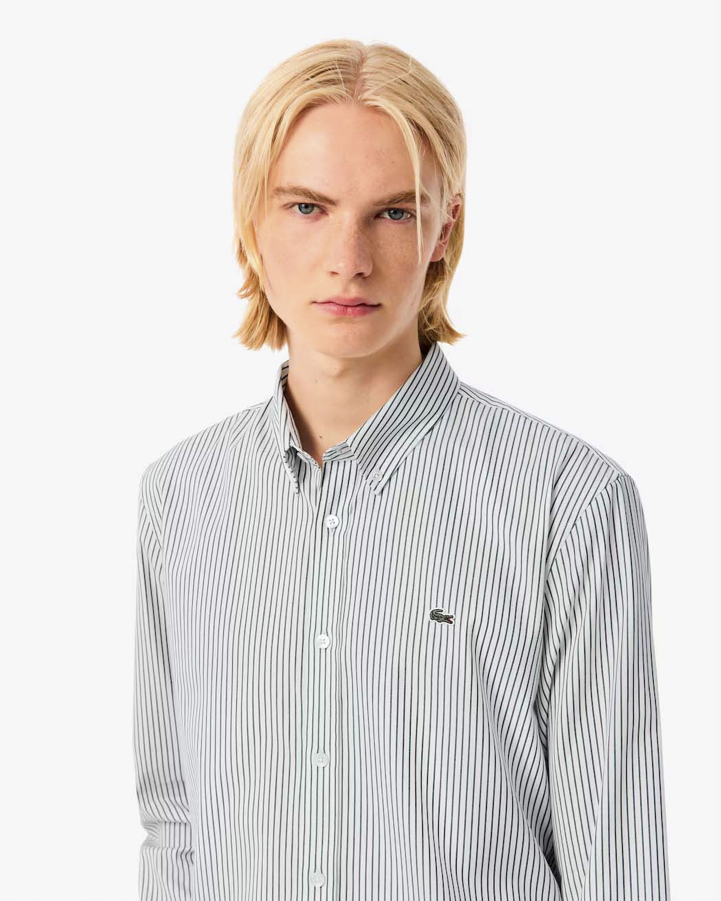 Camicia bianca a righe verdi Lacoste in cotone pinpoint con collo