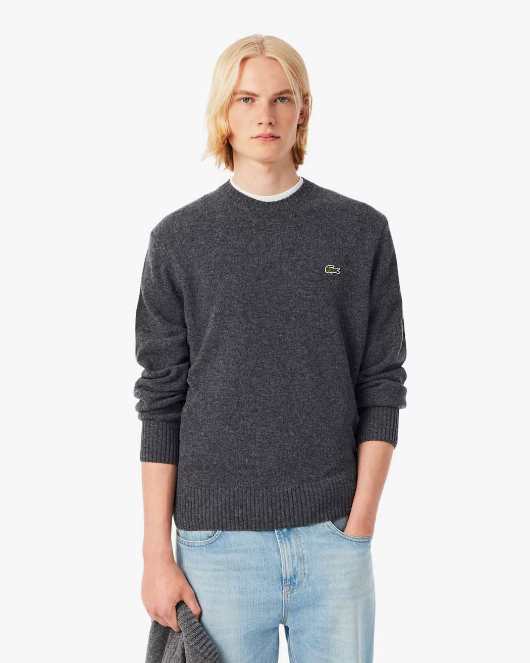 Maglia girocollo Lacoste grigio antracite in lambswool di pura lana