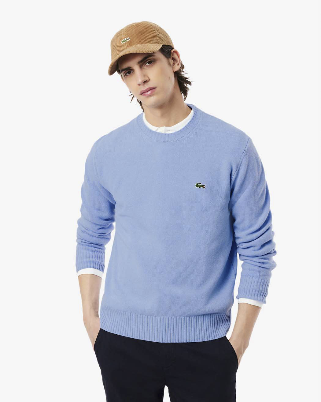 Maglia girocollo Lacoste celeste in lambswool di pura lana