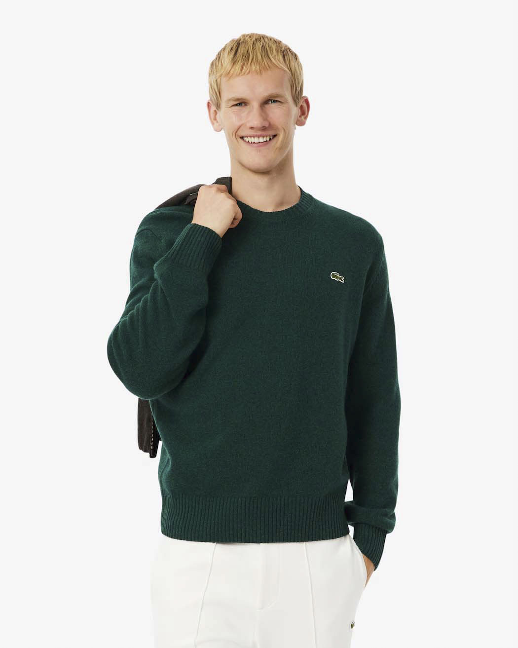 Maglia girocollo Lacoste verde in lambswool di pura lana