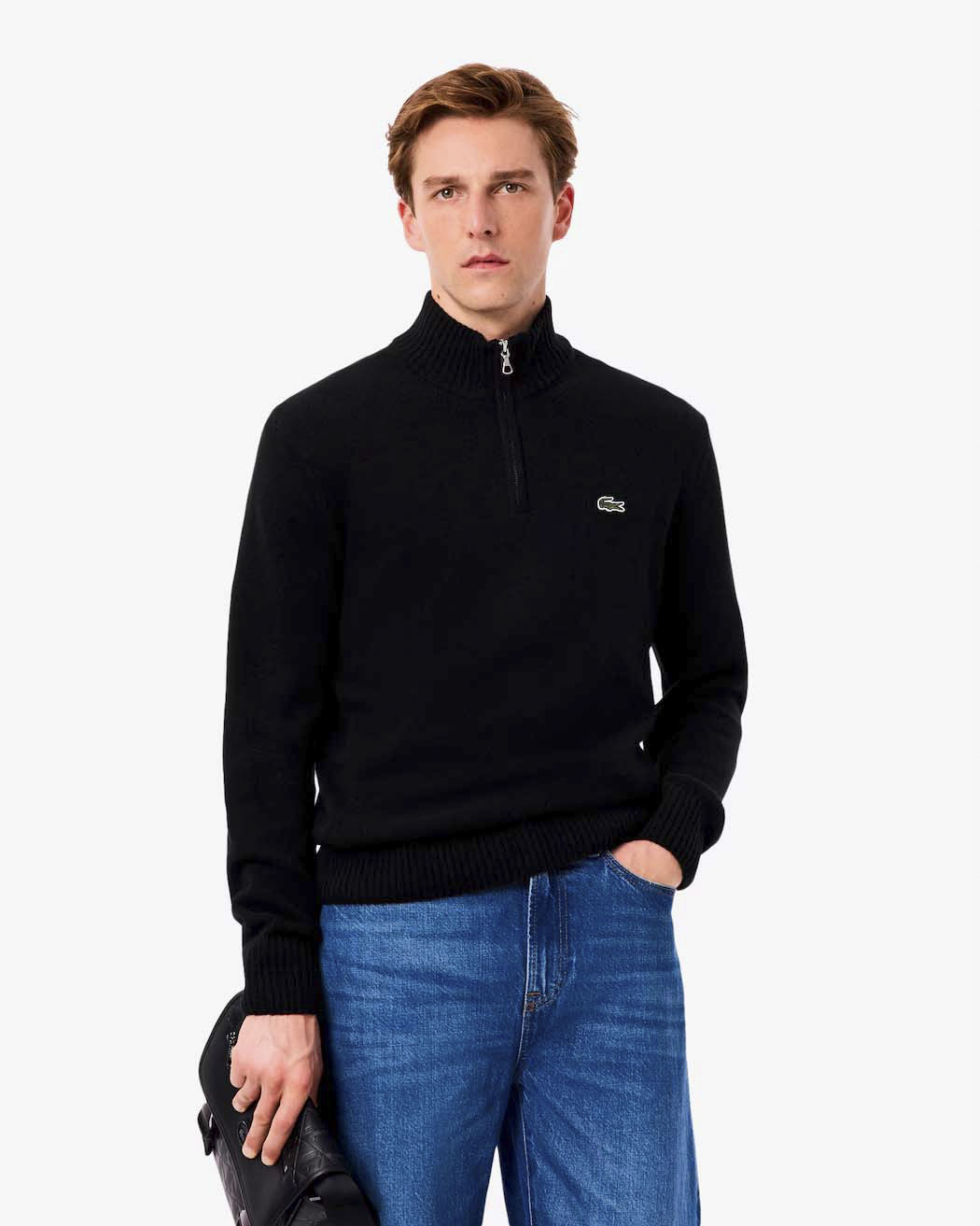 Maglia Lacoste nera in lambswool di pura lana a collo alto e apertura a mezza zip